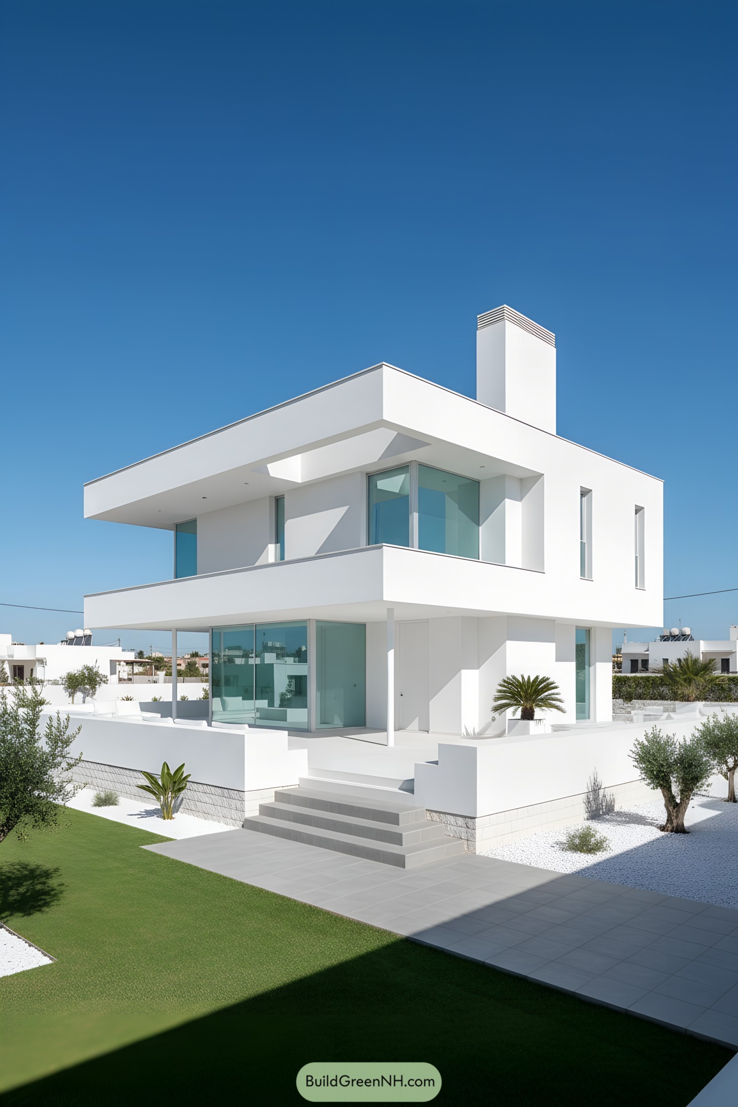 White cubic modern house with deep cantilevers and glass walls