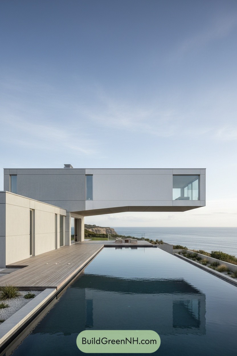 Modern cantilevered house with oceanfront pool