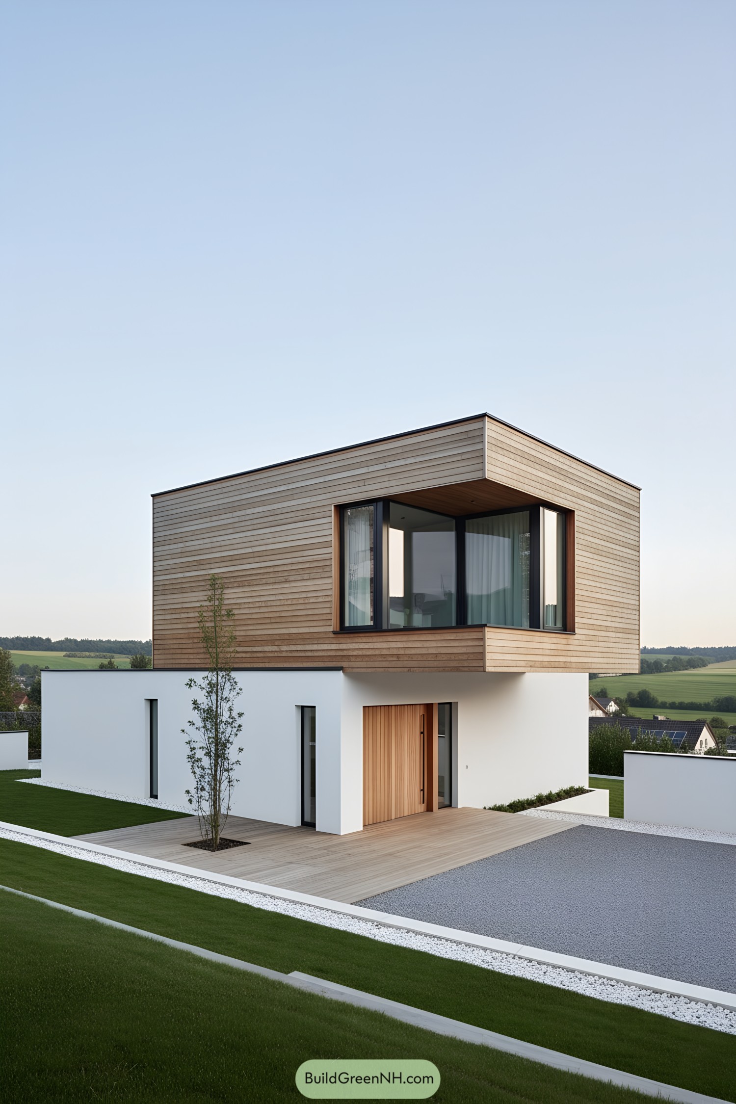 Two-story cubist home with wood-clad cantilever over white base