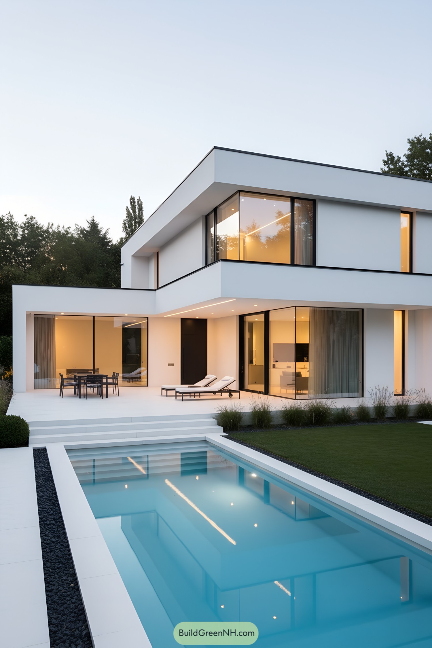 White cubic house with broad glazing overlooking a sleek pool at dusk