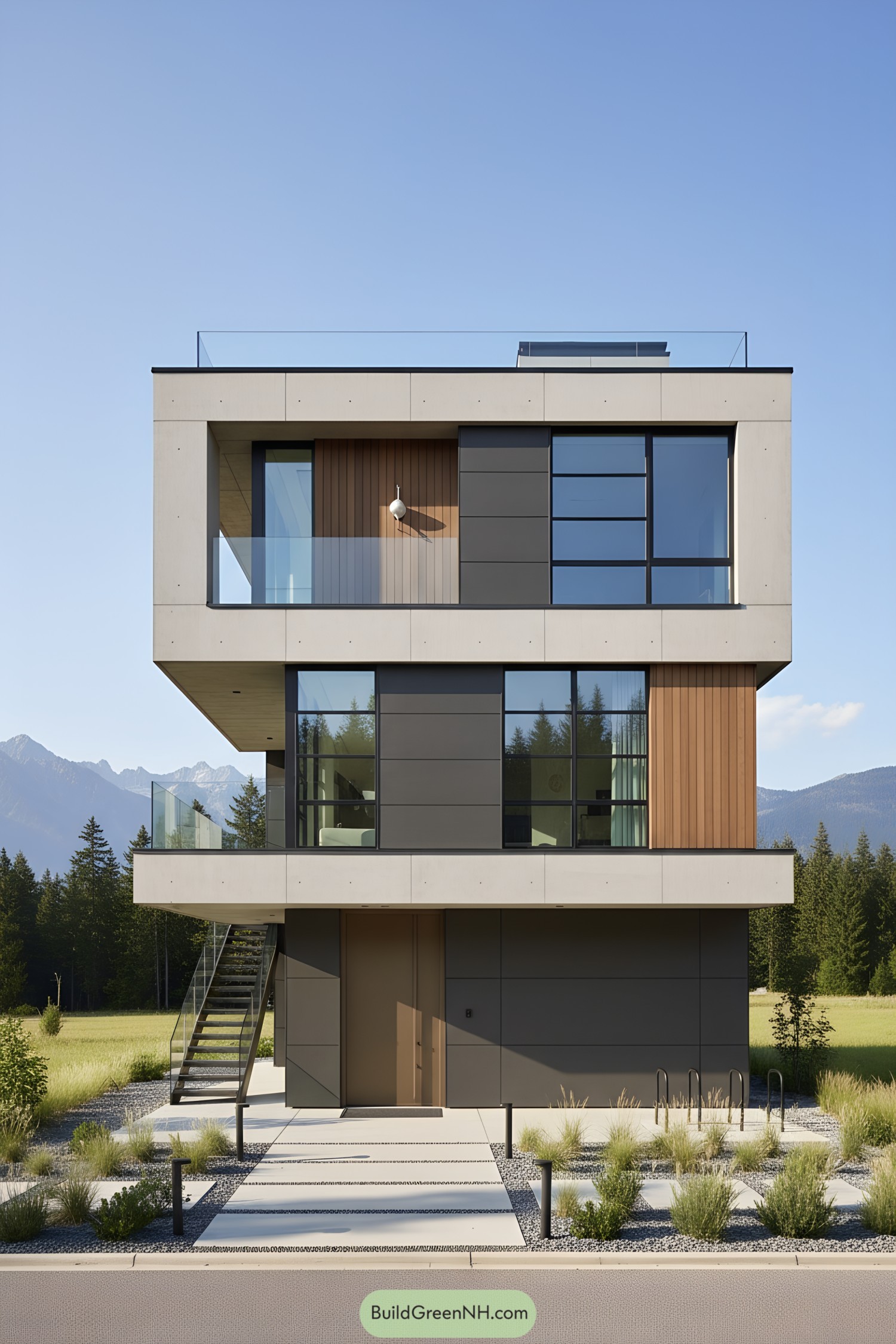 Three-story cubist house with glass balconies and wood accents set against mountains