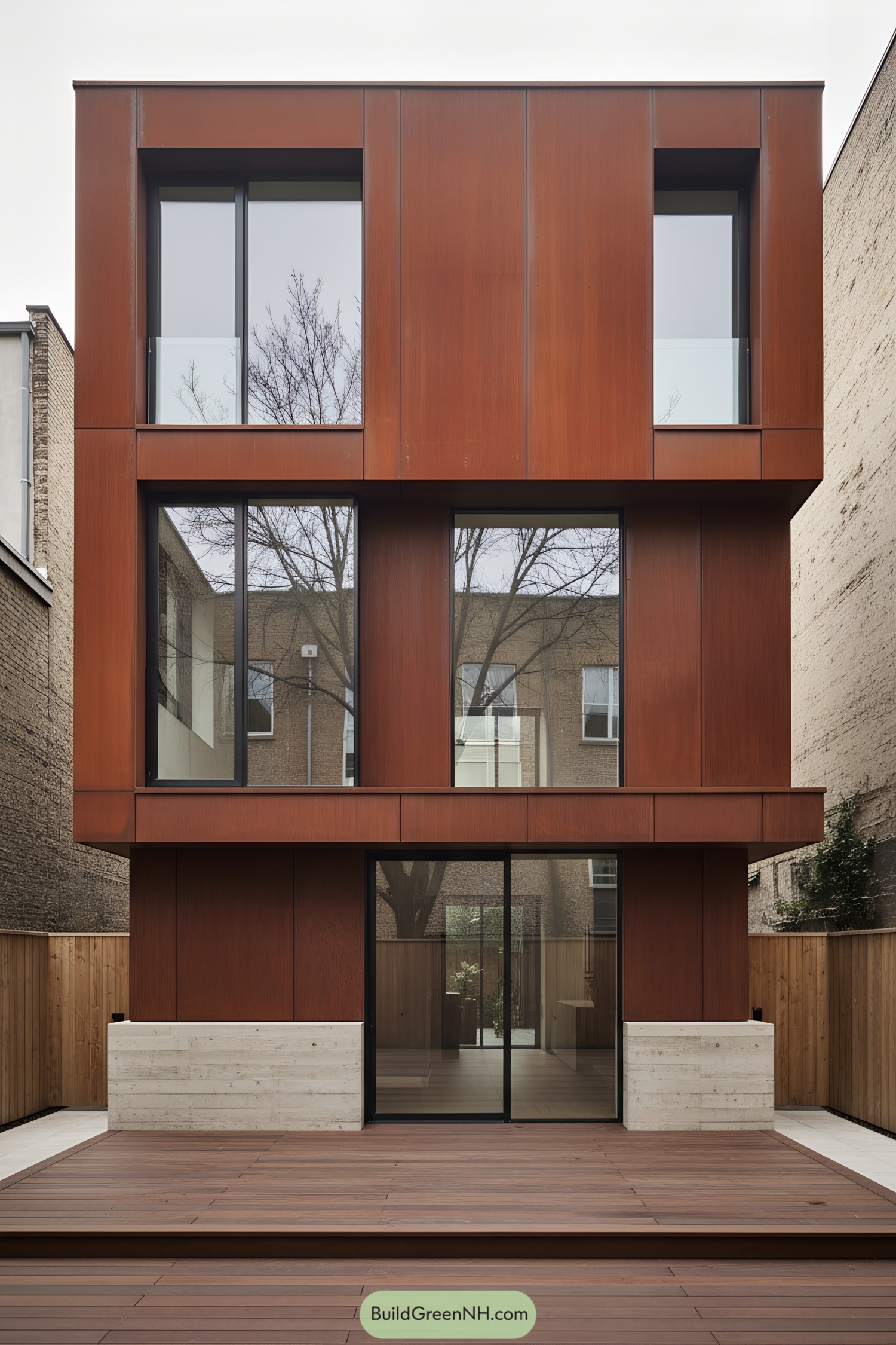 Three-story rust-toned modern house with large square windows and wood deck
