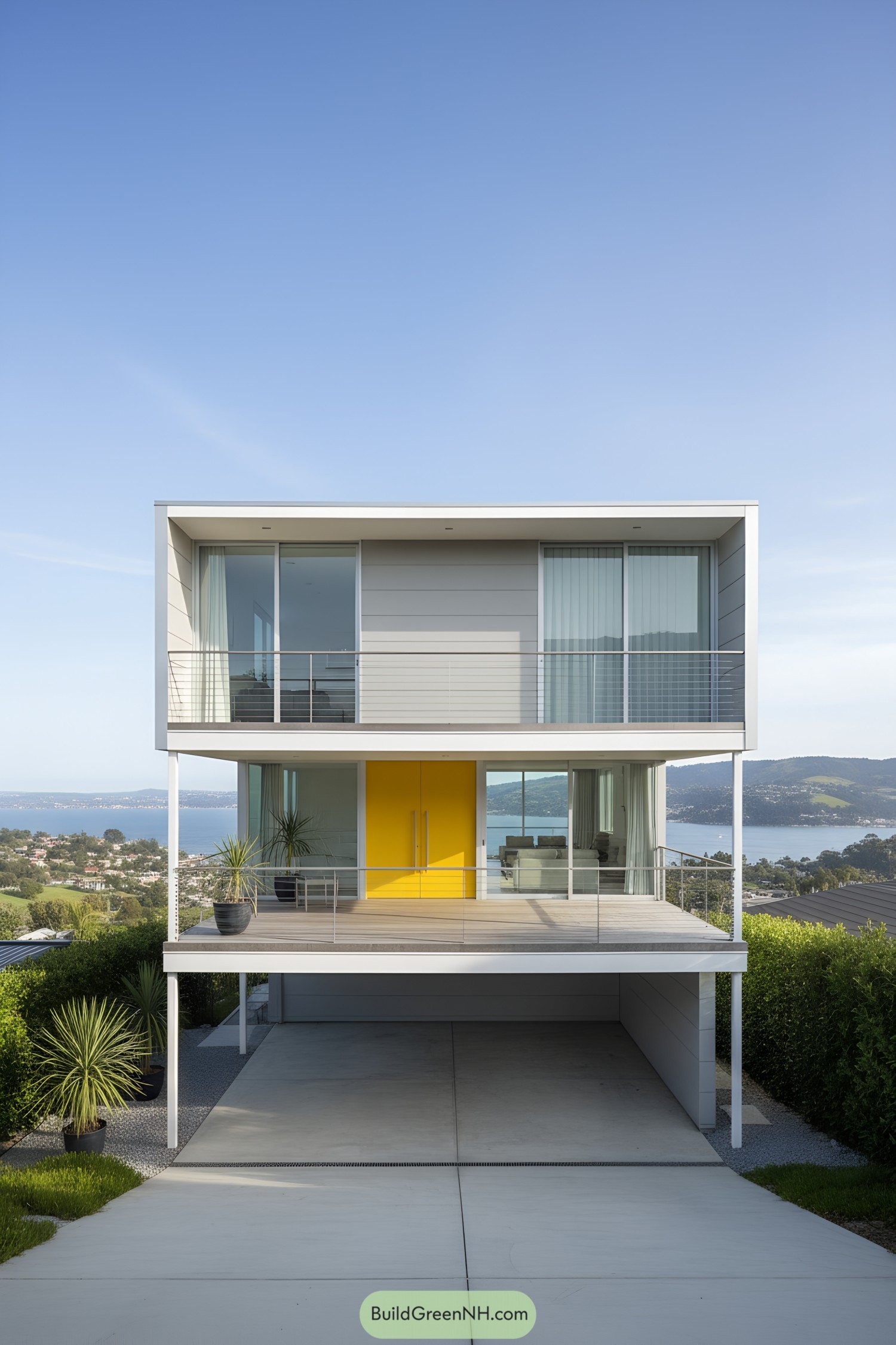 Modern cubist house with bright yellow door and coastal views