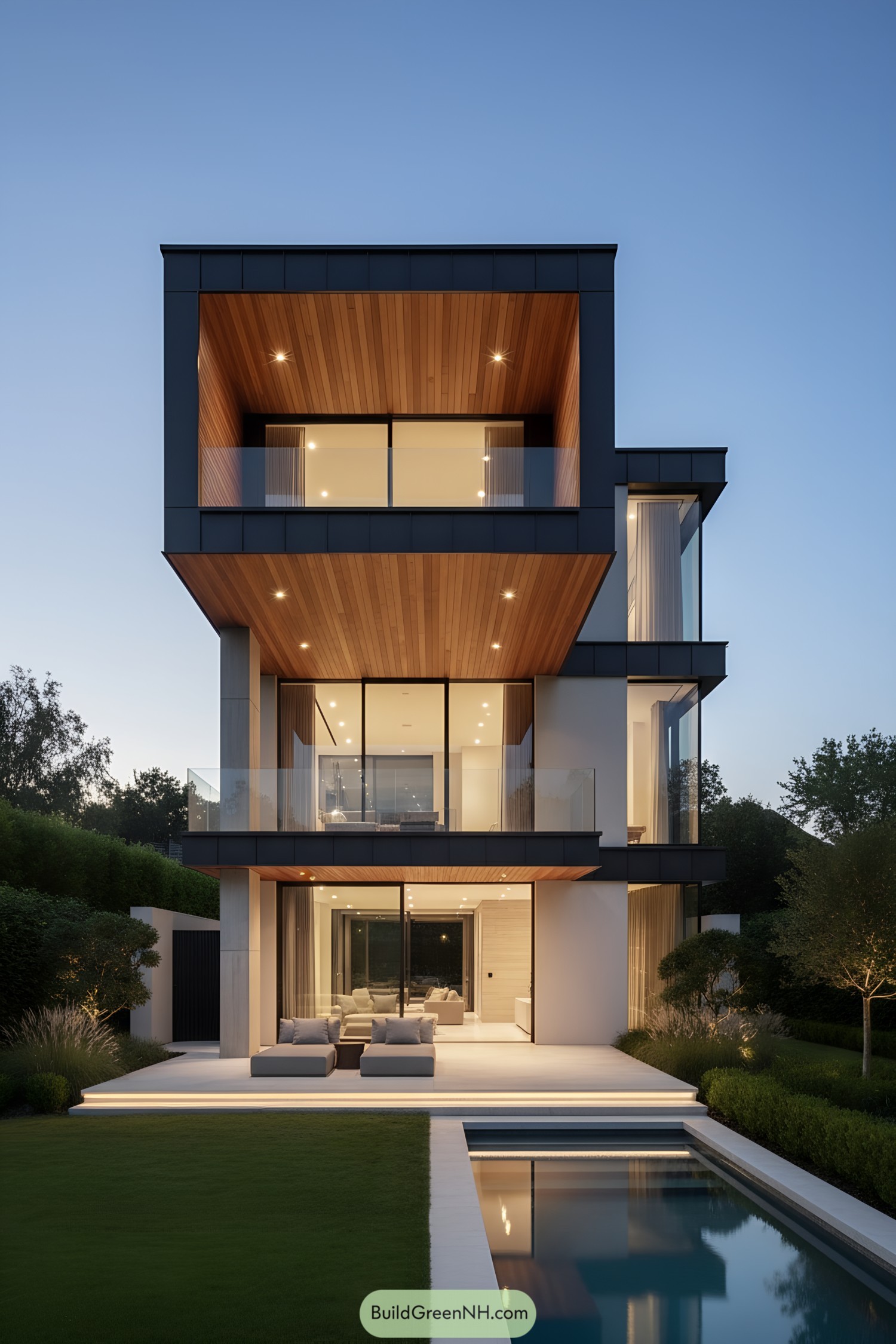 Three-story cubist house with wood-lined overhangs glass balustrades and a pool