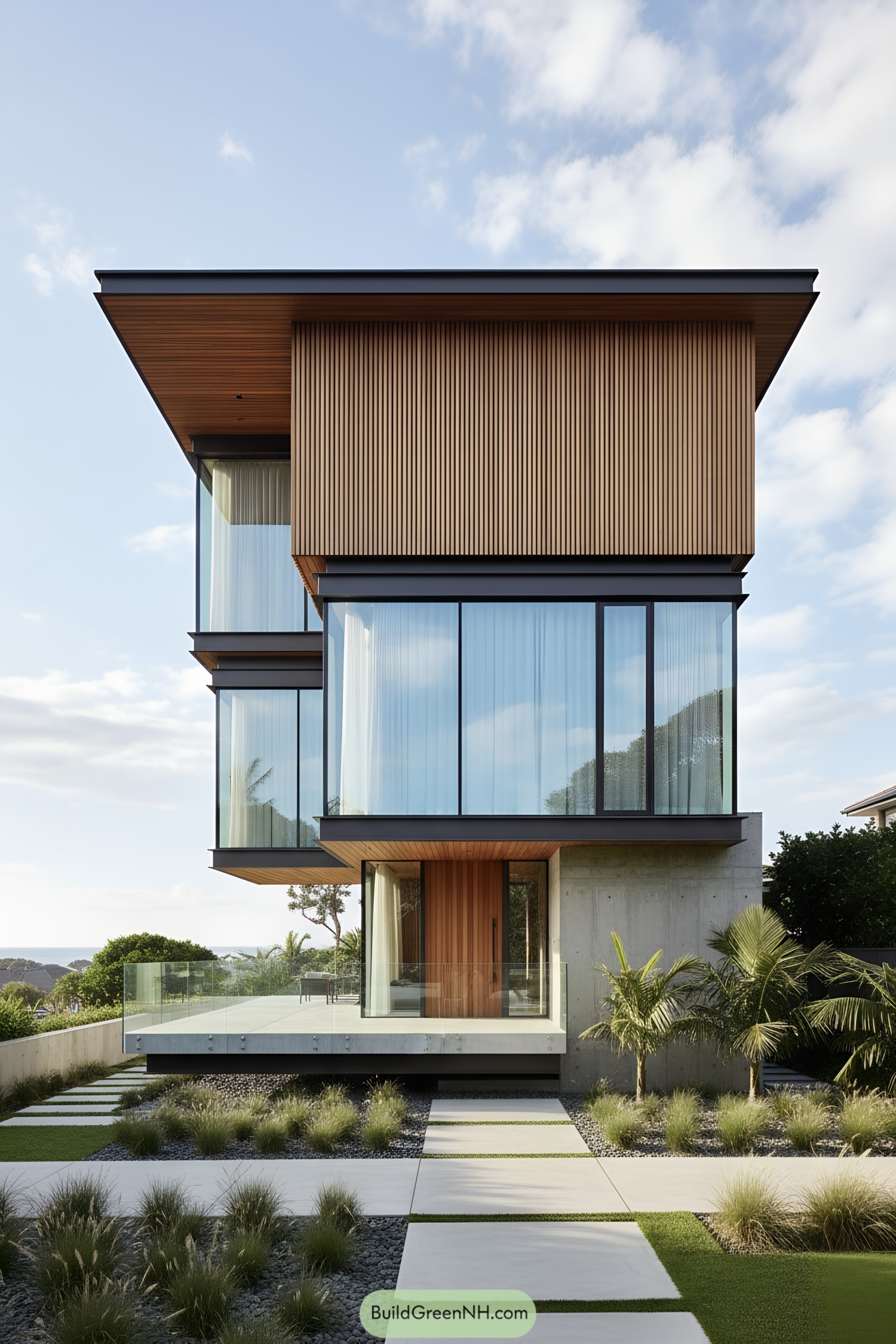 Cantilevered timber and glass modern house with layered volumes and coastal landscaping