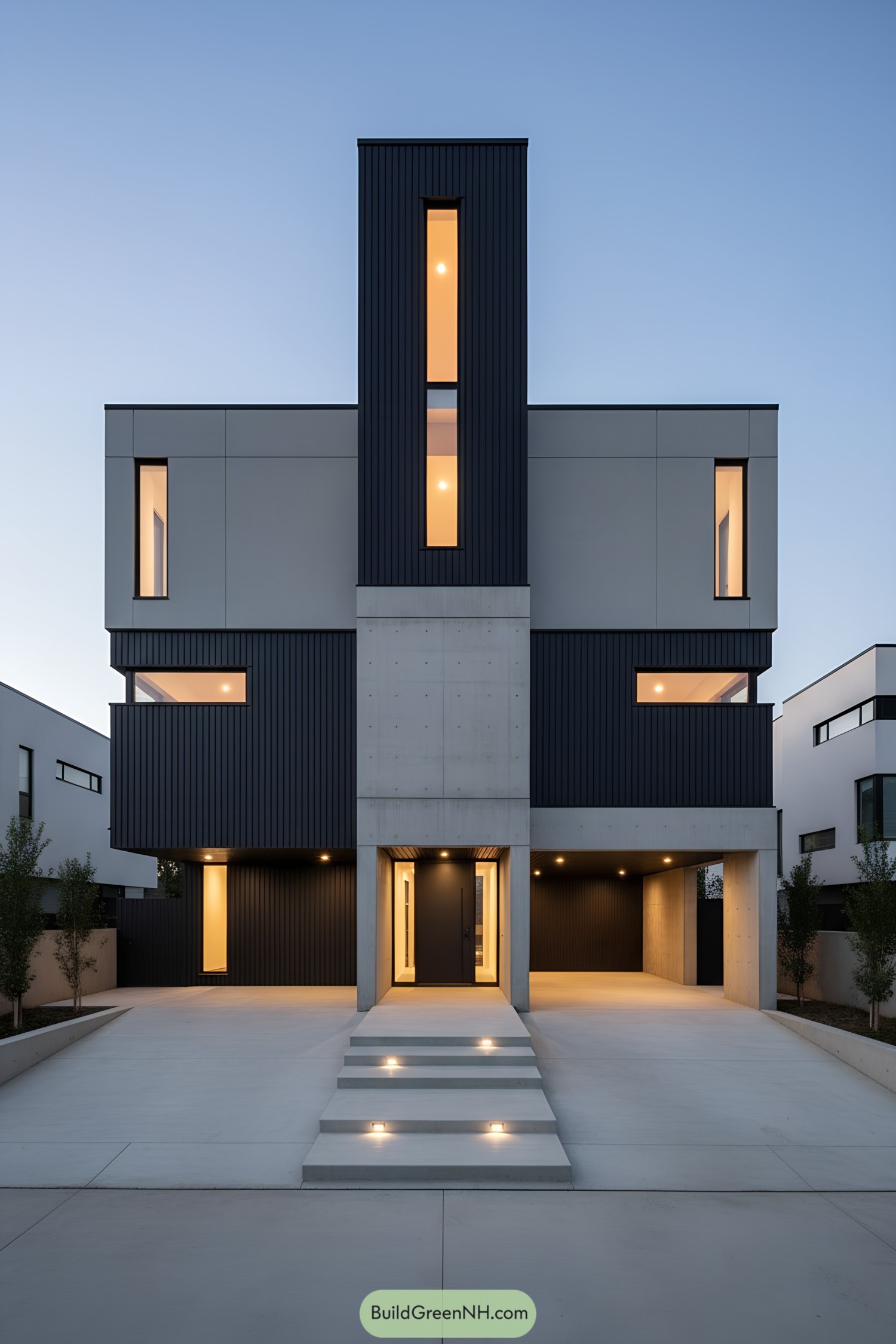 Modern cubist house with tall central tower and warm lit windows at dusk