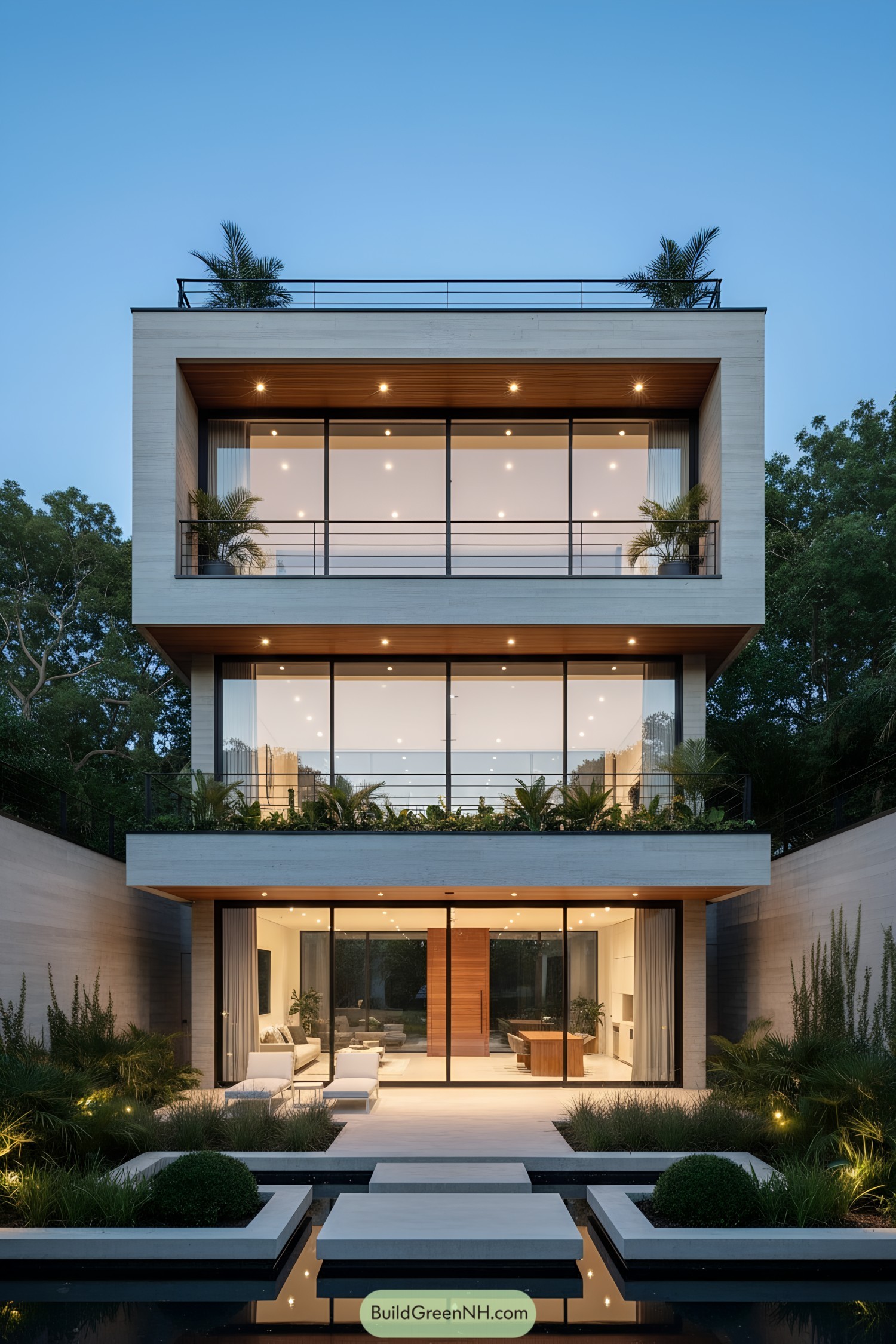 Three-tiered modern home with glass facades and reflecting pool