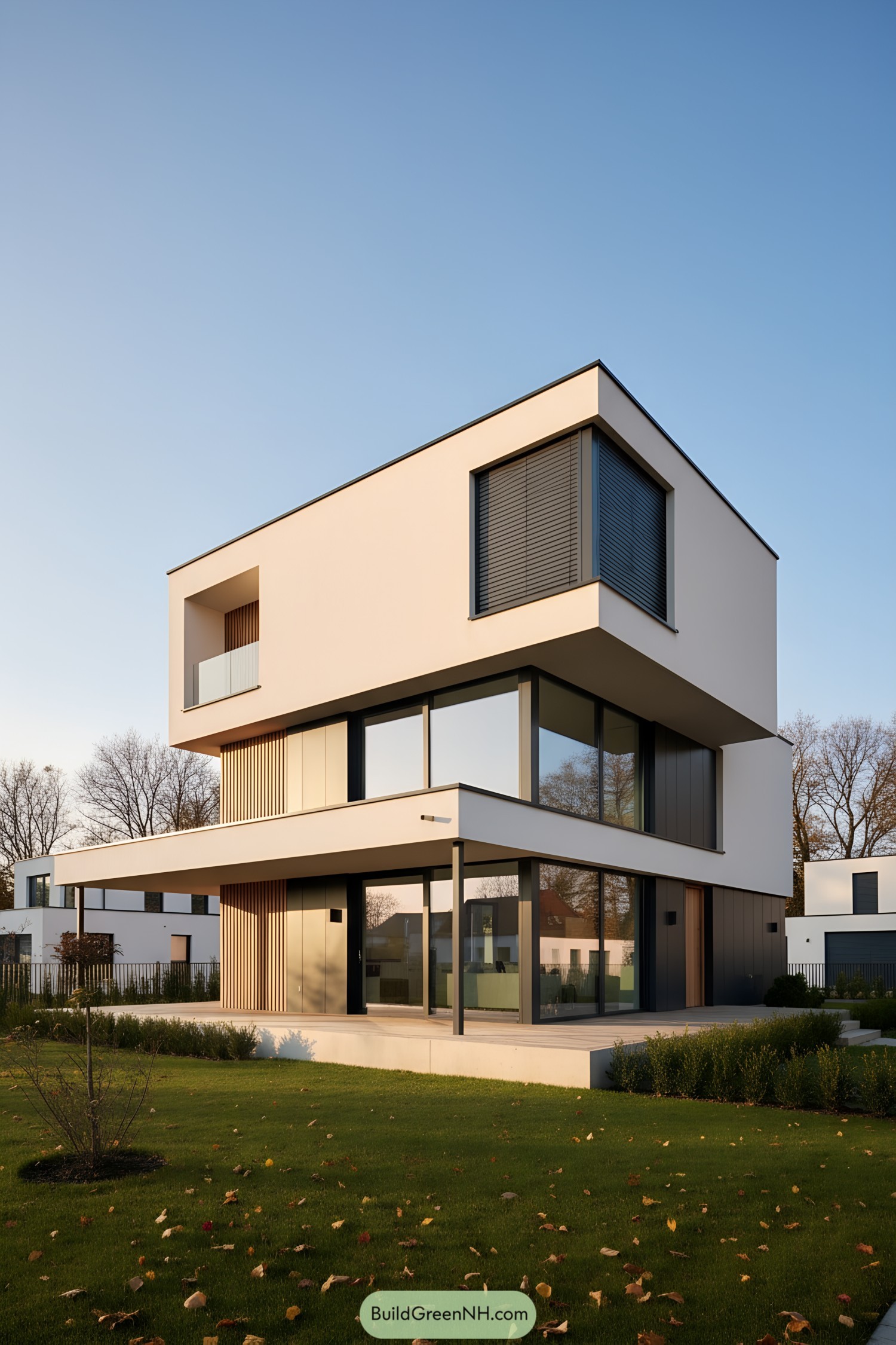 Three-story white cube house with cantilevered upper floors and large glass panels