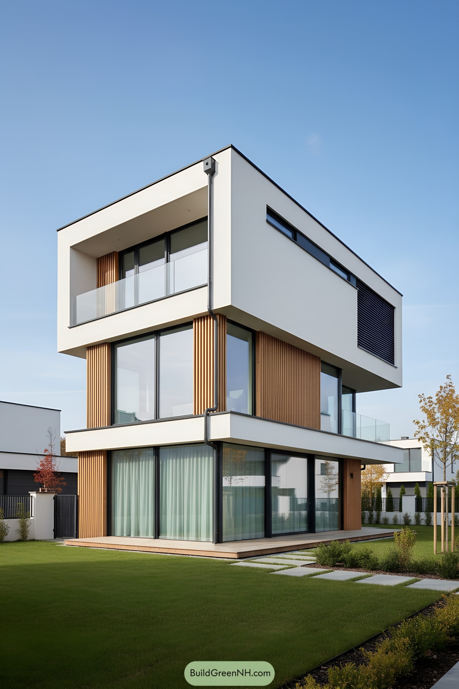 Three-story cubist home with cedar slats and glass balconies on a manicured lawn