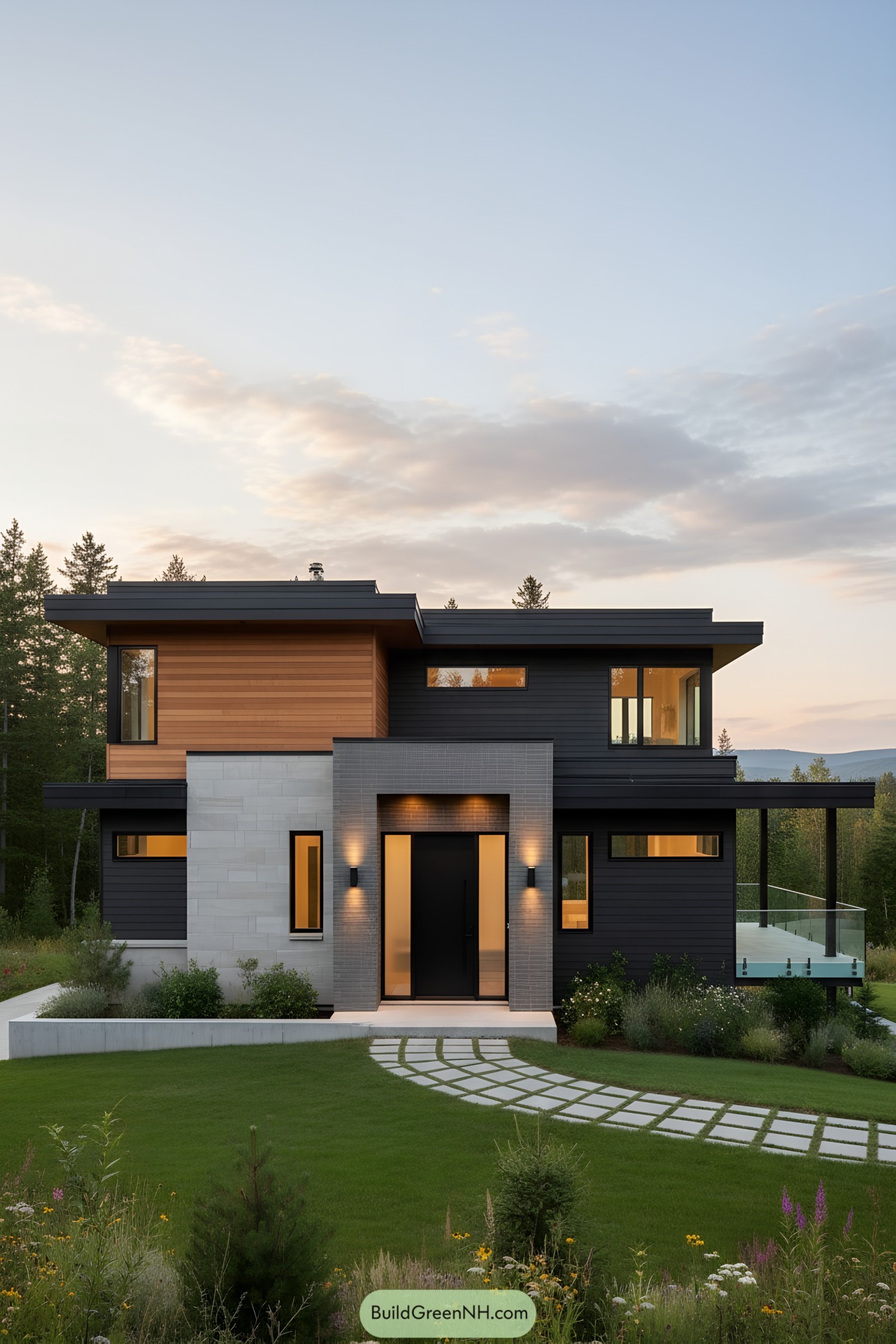 Two-story cubist house with mixed cladding and wide overhangs at dusk