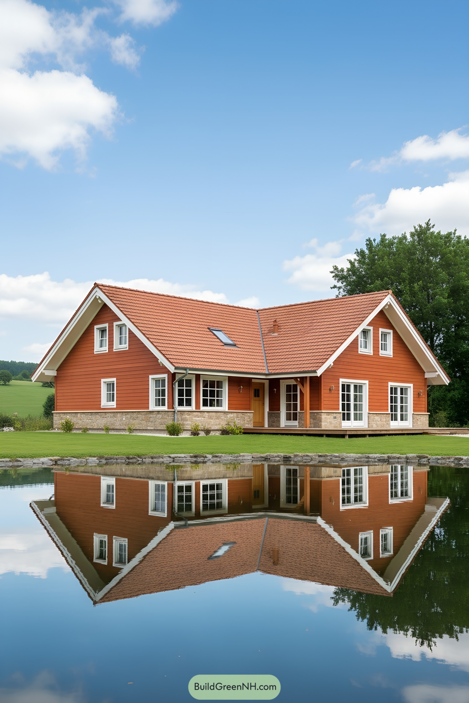 Warm red cottage reflected in calm pond