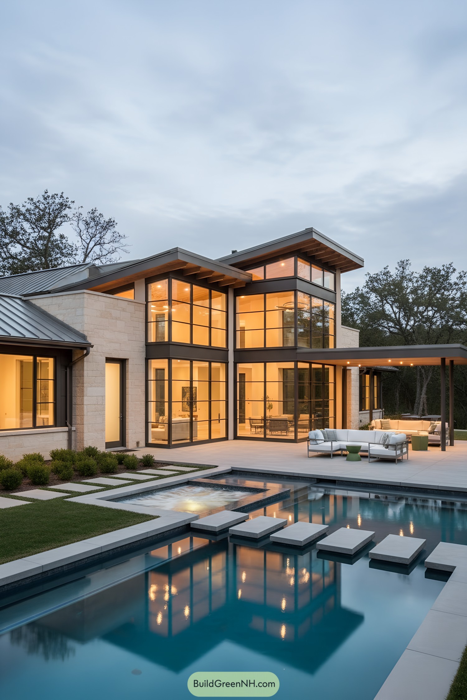 Modern glass-and-stone home with cantilevered rooflines beside a reflecting pool and stepping stones
