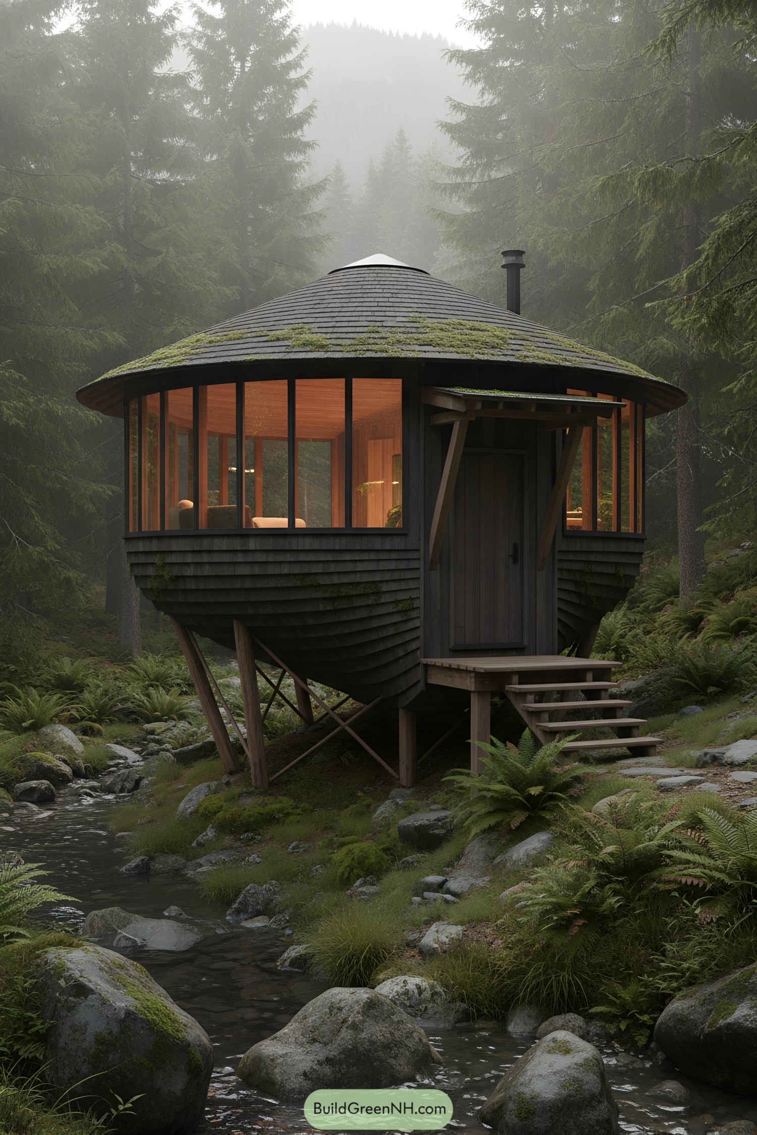 Round timber cabin on stilts beside a rocky forest stream with wraparound windows and a mossy shingle roof