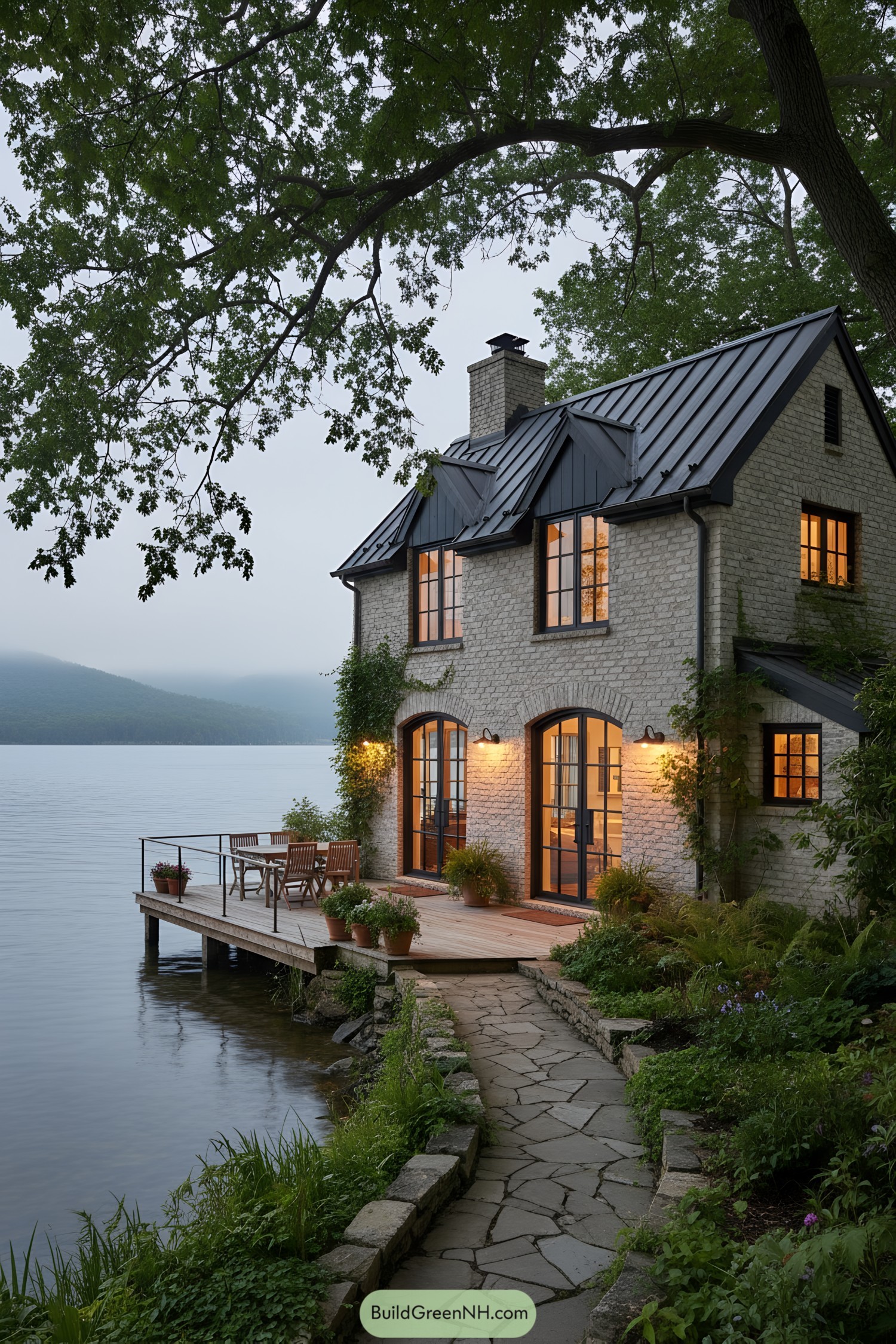 Cozy stone cottage with metal roof and deck over calm lake at dusk