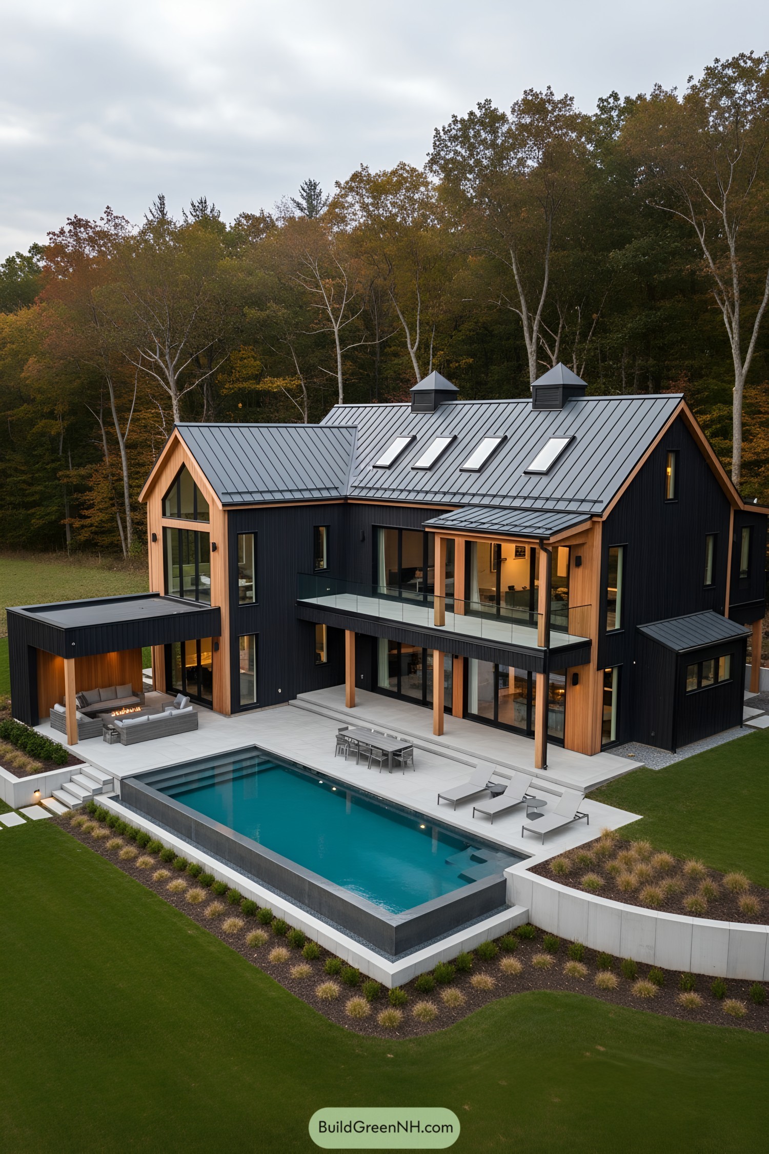 Black timber house with pool and terraces