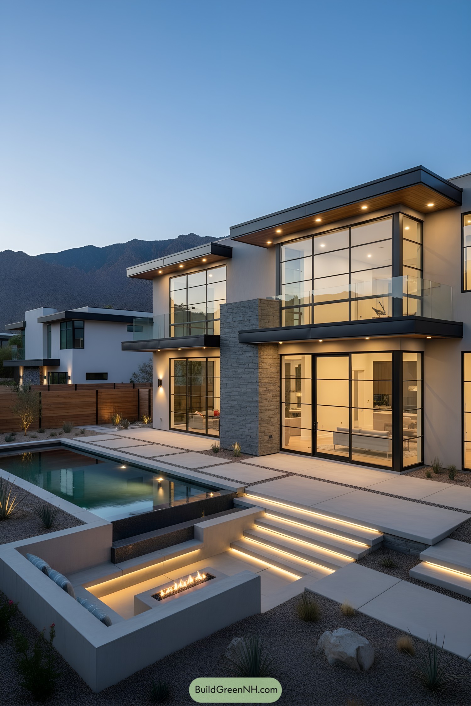 Modern desert villa with glass walls, sunken fire lounge, and reflecting pool at dusk