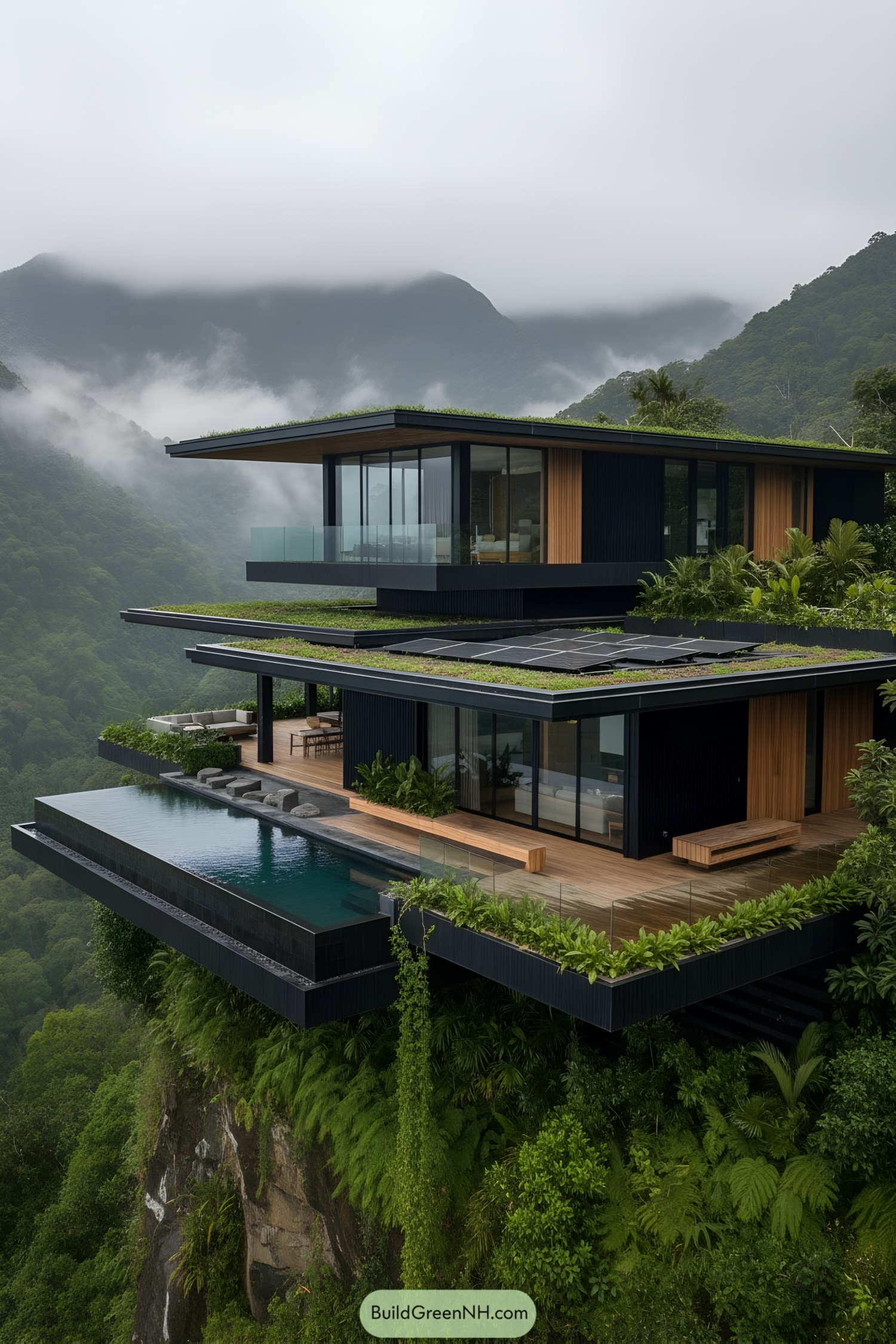 Terraced glass-and-timber villa with green roofs and infinity pool perched on a misty jungle cliff