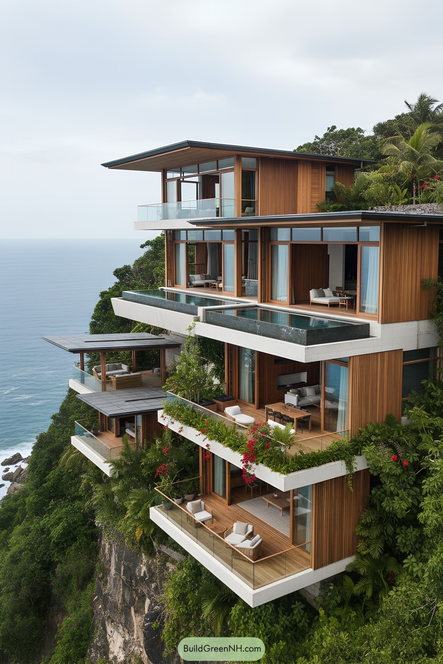 Multi-level wood-and-glass villa with stacked terraces and plunge pools overlooking the sea