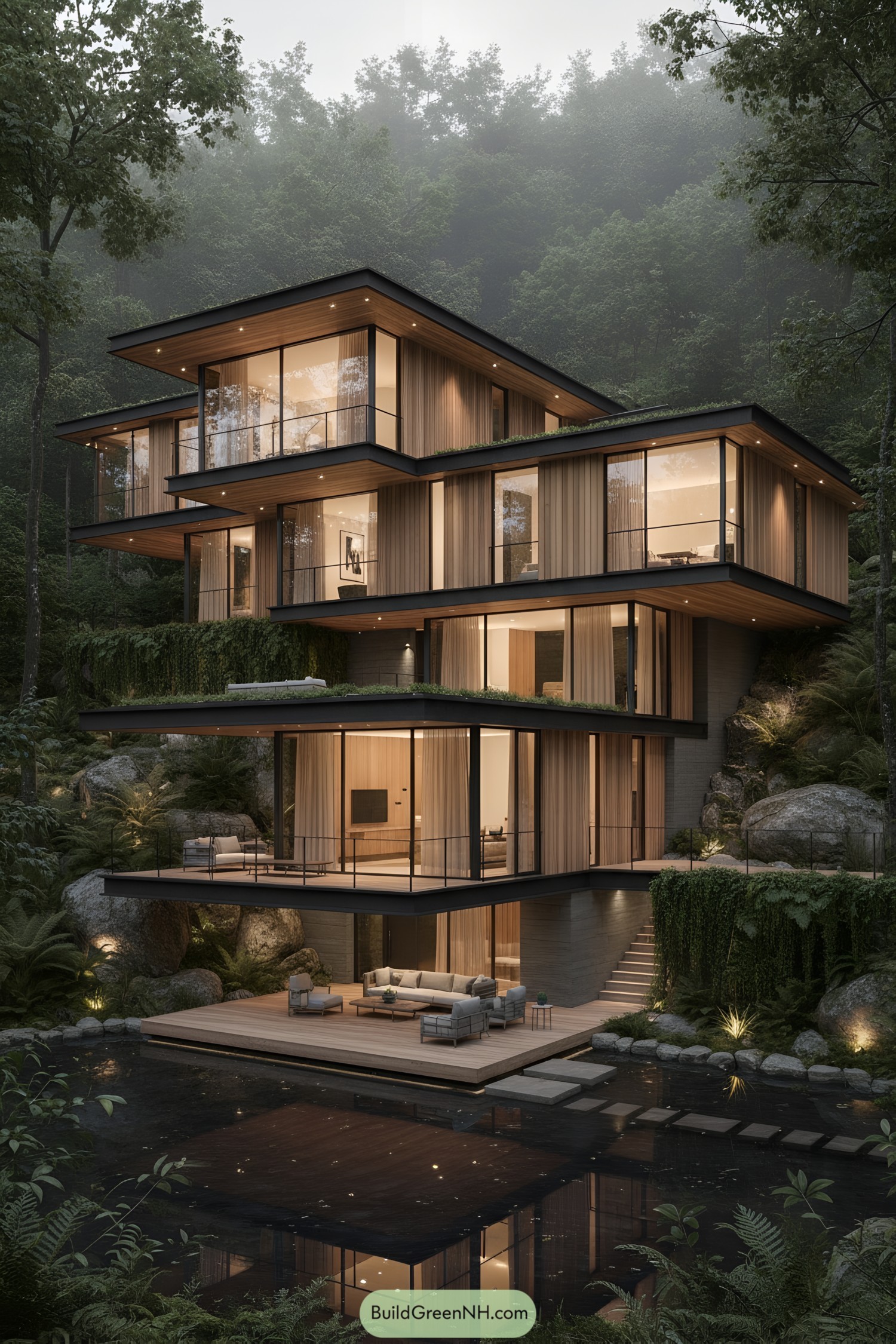 Modern tiered timber villa over pond