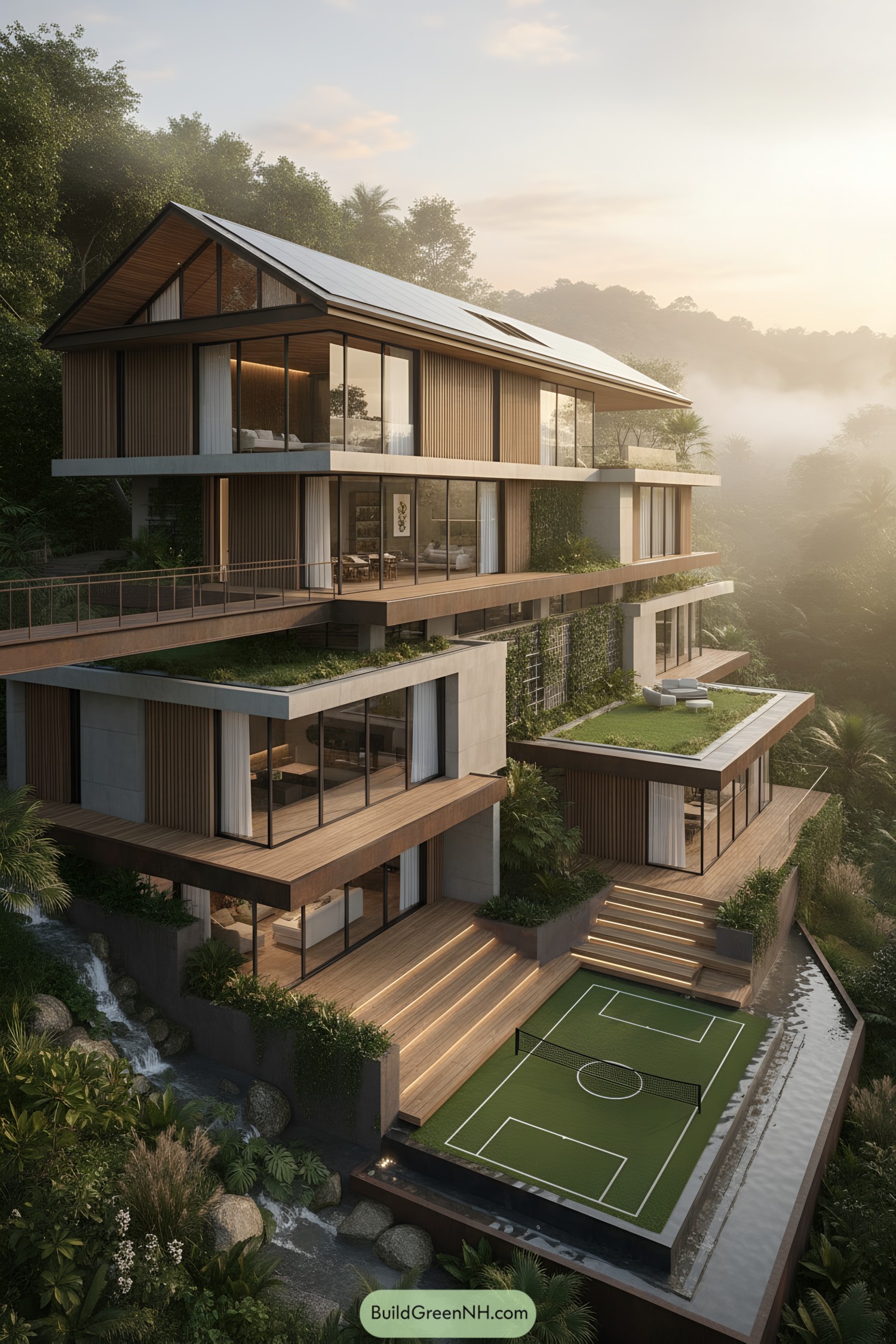 Multi-level hillside home with green terraces