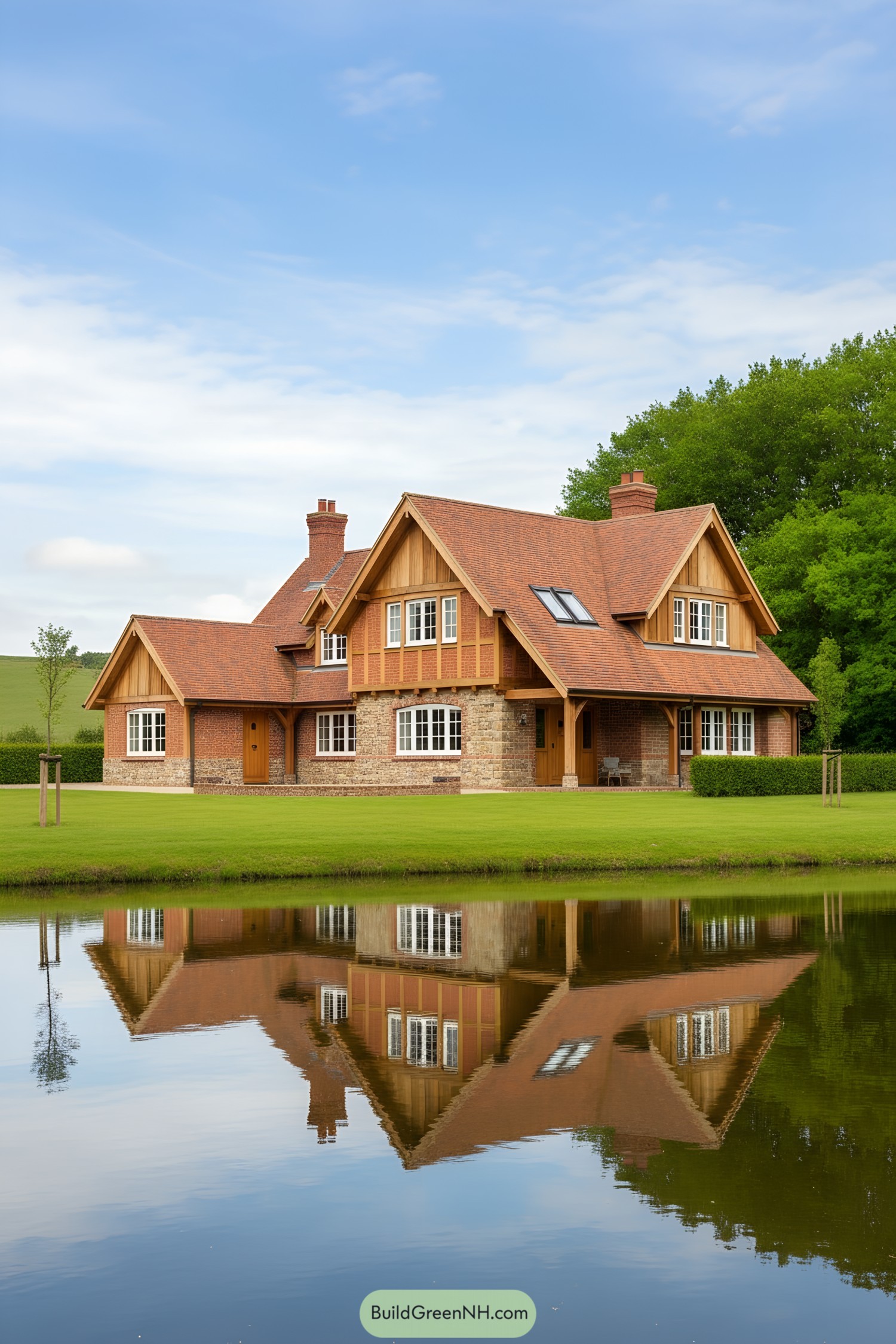 Warm timber-and-stone house beside pond