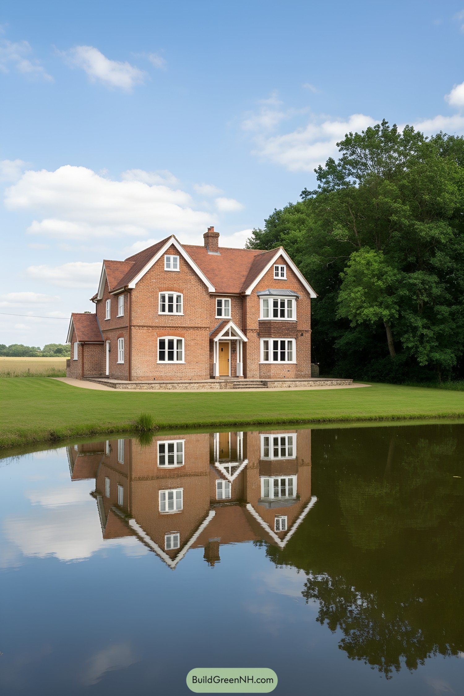 Brick gabled house reflecting in pond beside trees