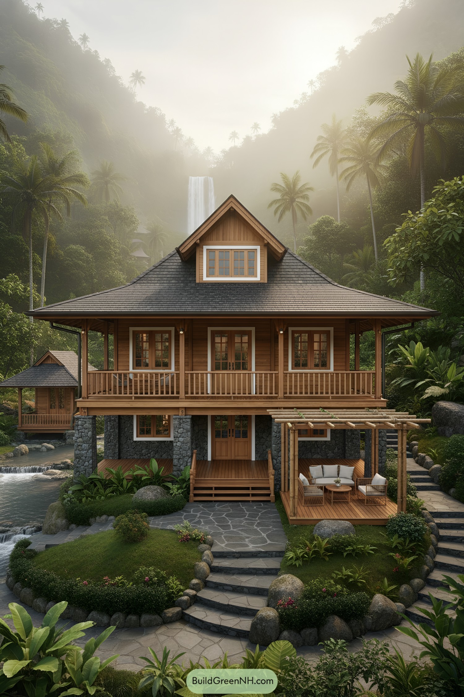 Two-story timber house by river with waterfall backdrop