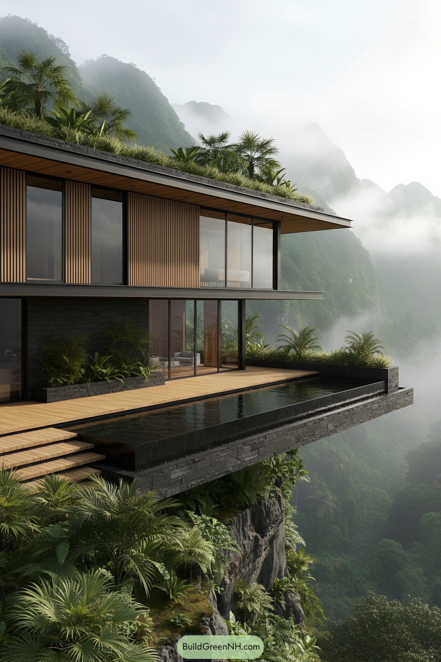 Cliffside modern villa with green roof and cantilevered infinity pool over misty mountains