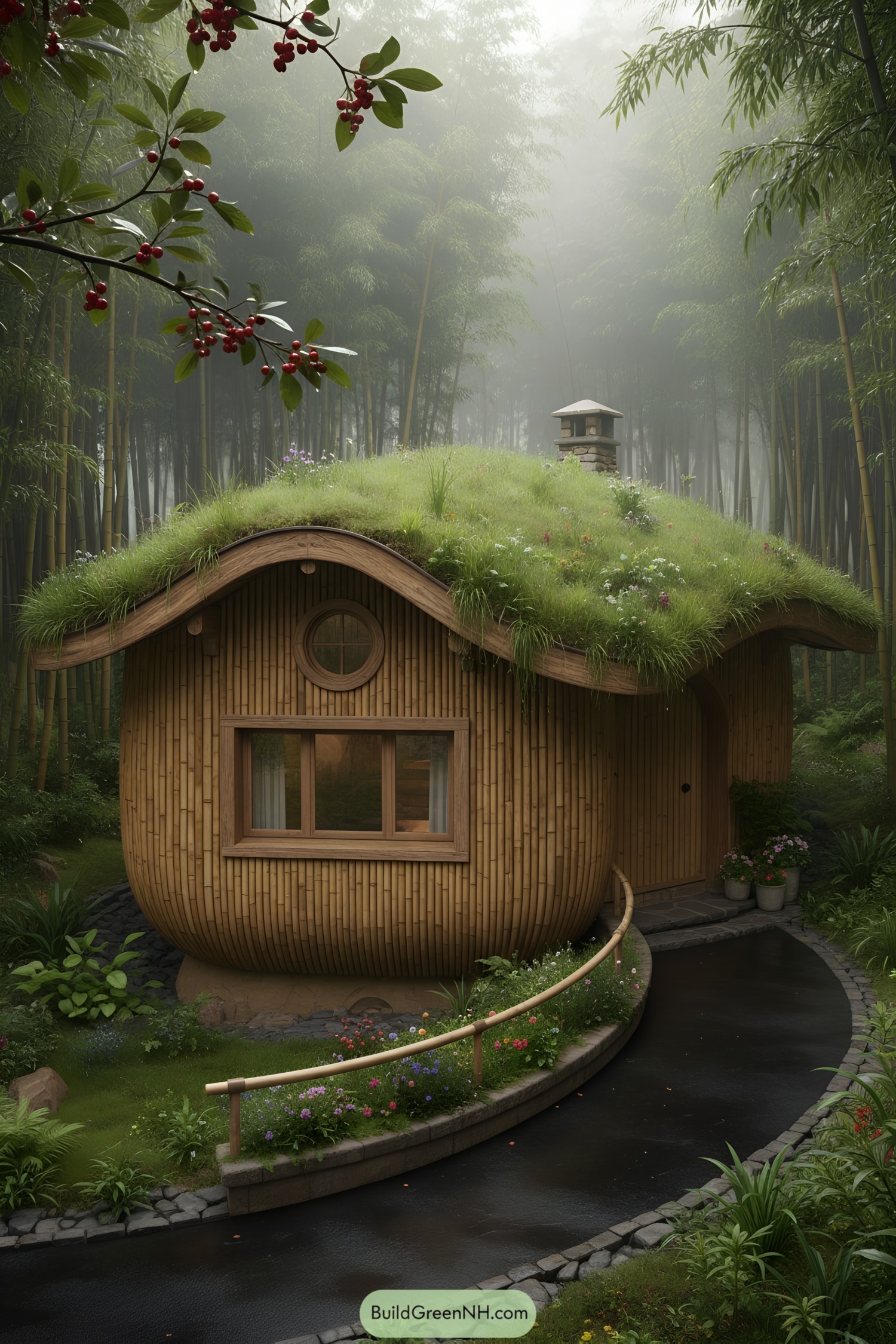 Small bamboo cottage with green living roof in misty forest