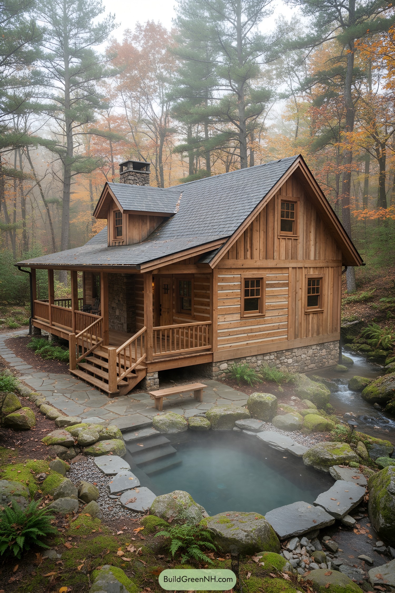 Cedar cabin with stone base and steaming natural plunge pool by a forest creek