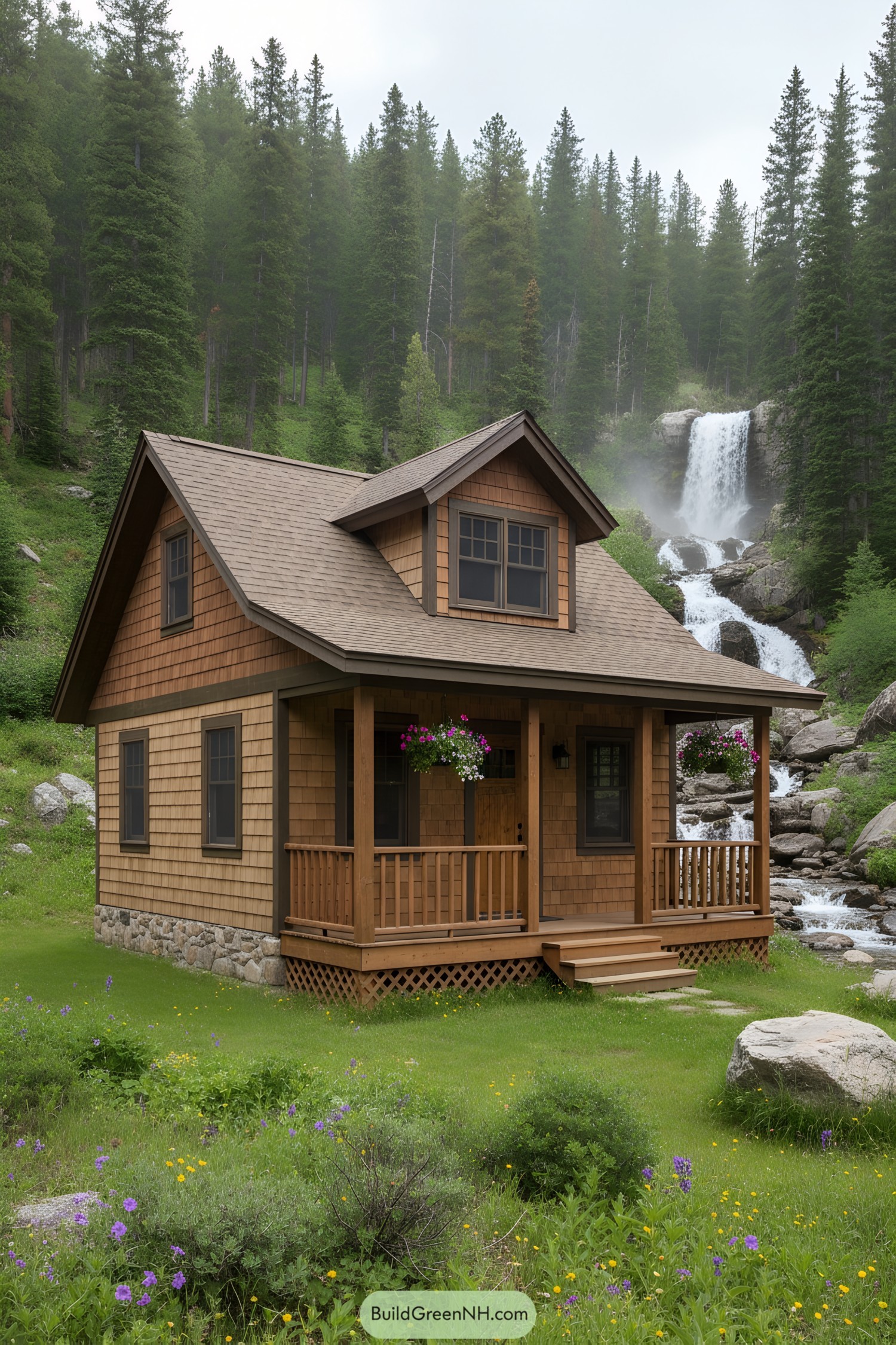 Small timber cottage by a forest waterfall