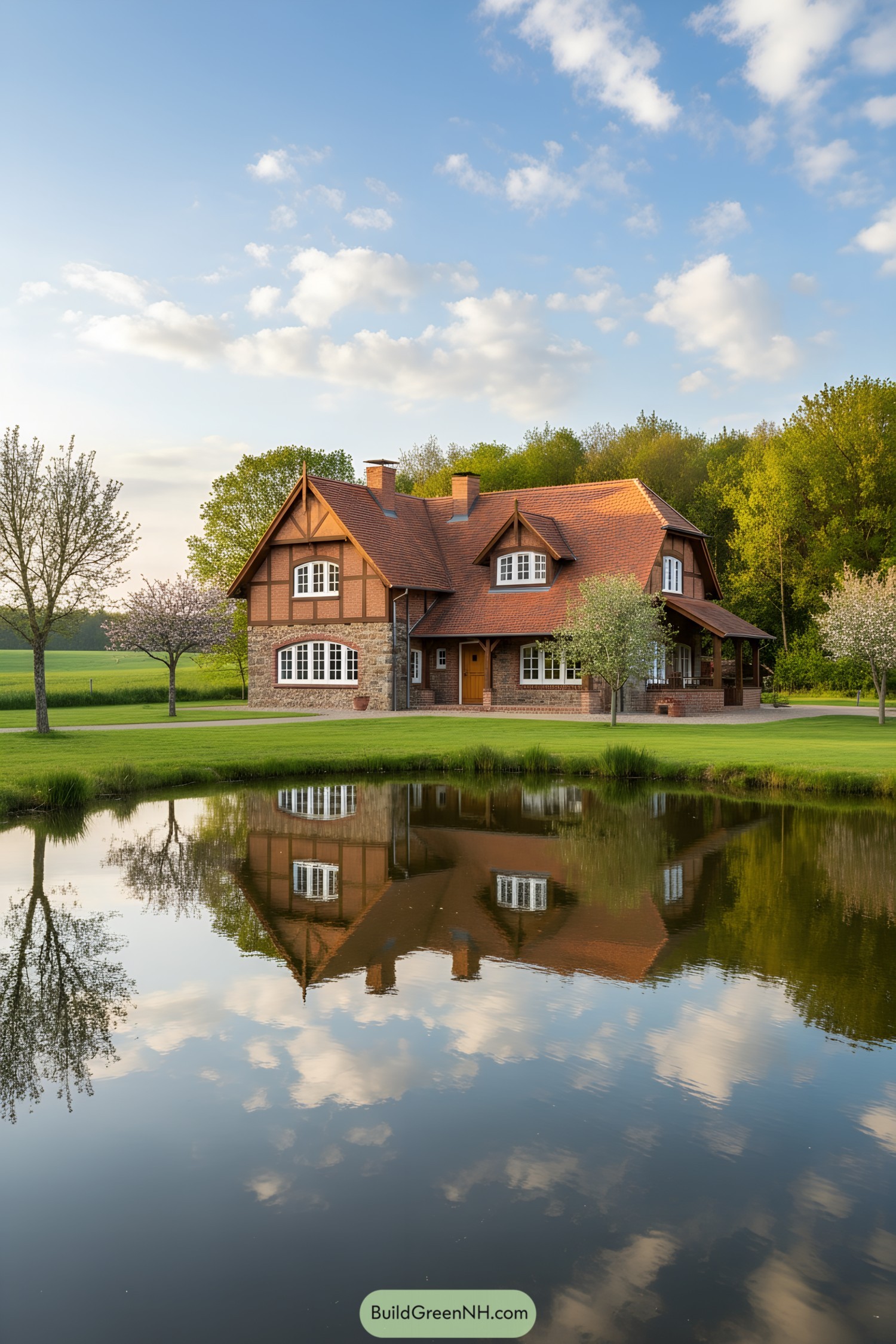 Tudor-style cottage reflected in a calm pond