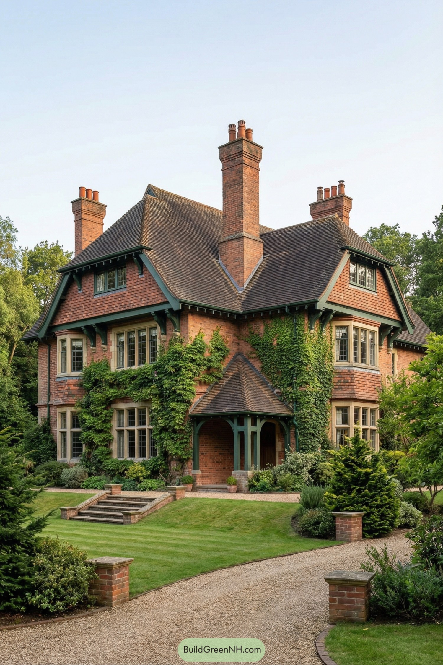 Large ivy-covered Edwardian brick house with tall chimneys and manicured front garden