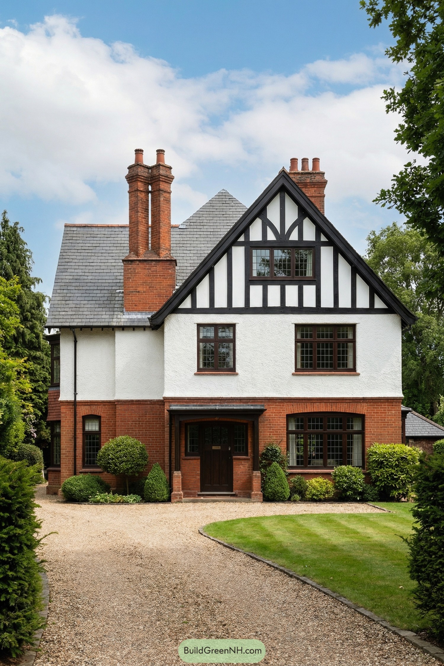 Red brick Edwardian house with tall chimneys and a black and white timbered gable