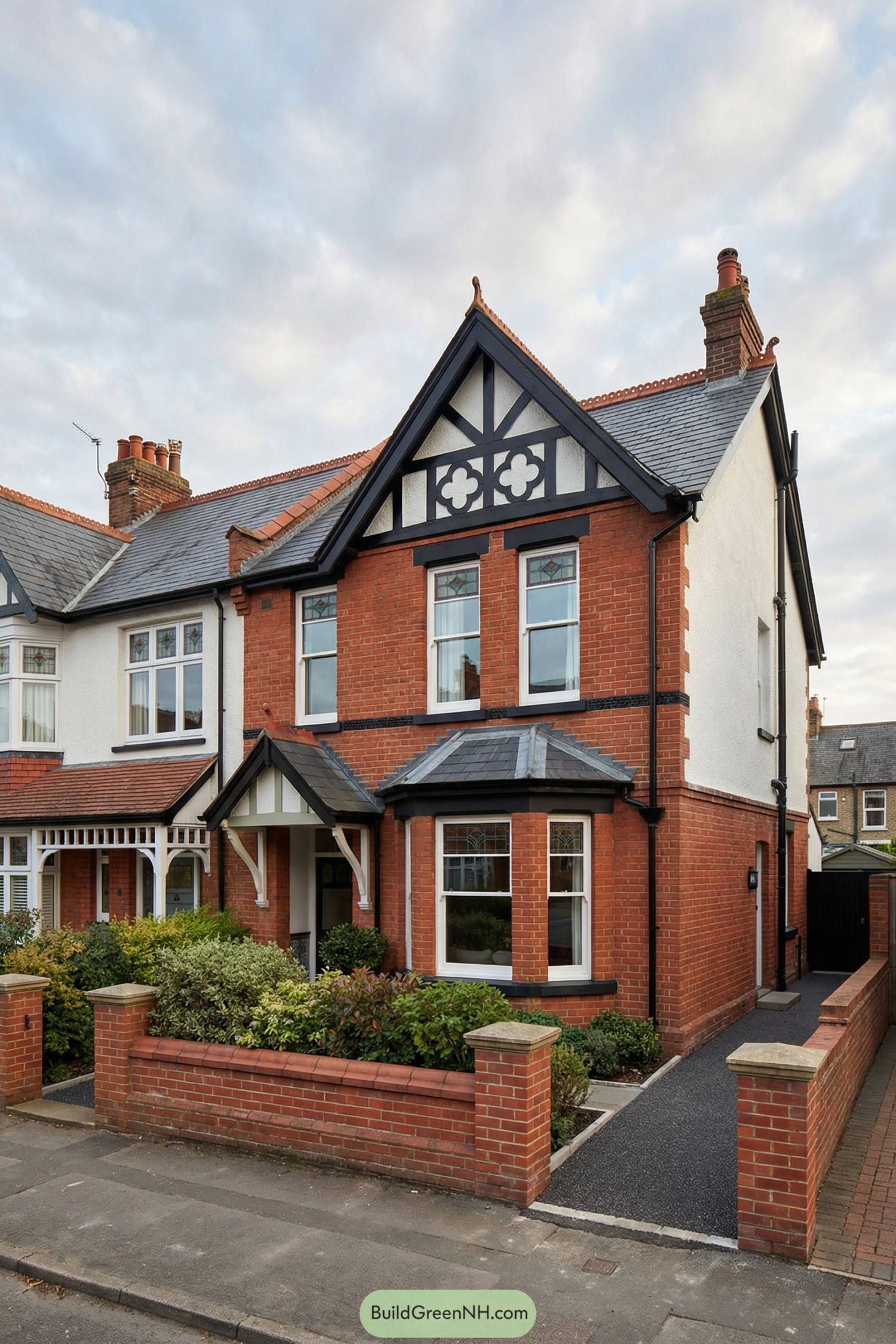 Brick and stucco Edwardian semi detached house with black timber gable, slate roof, and front bay window