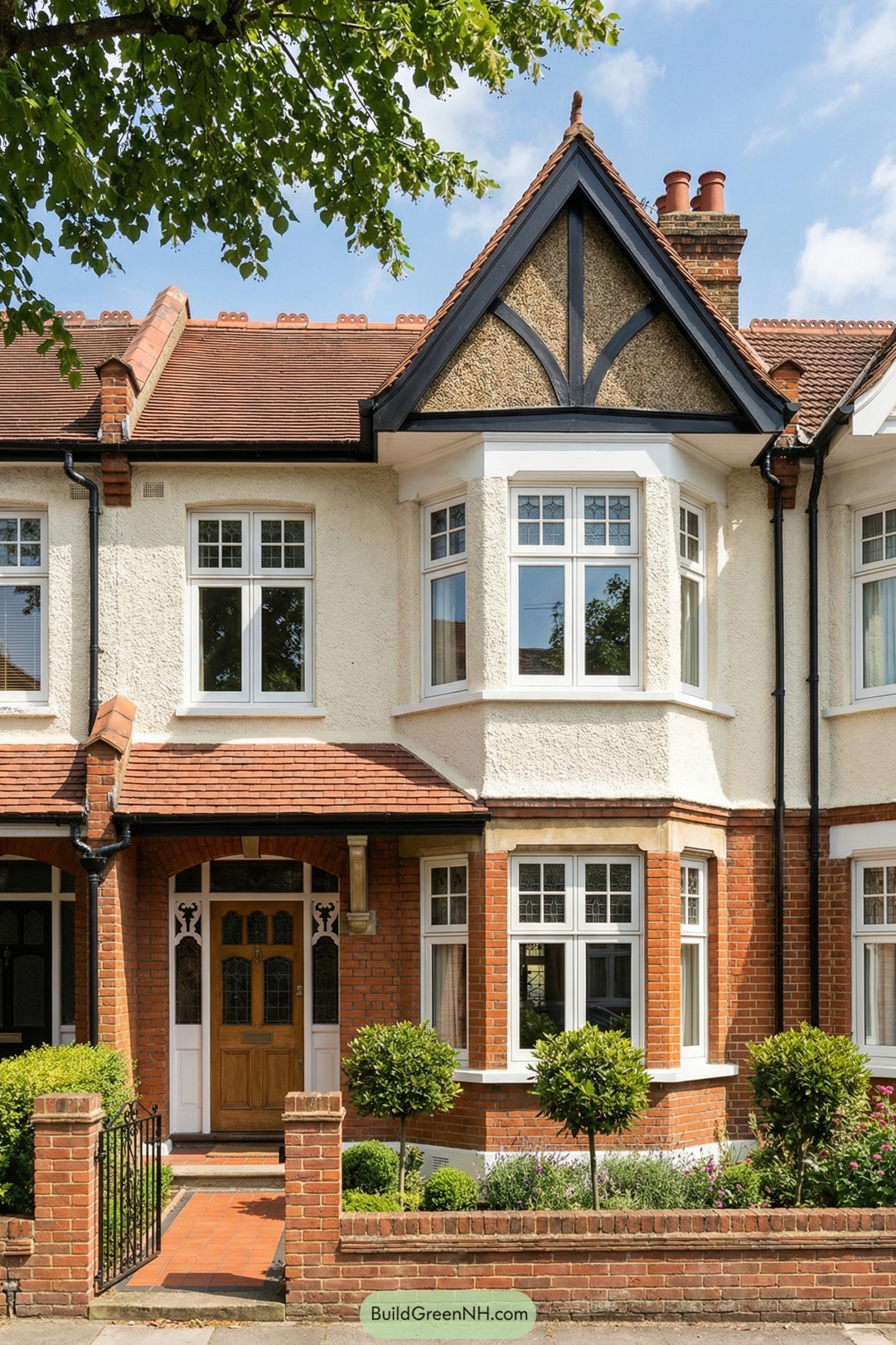 Edwardian terraced house with red brick base white windows and a tall front gable