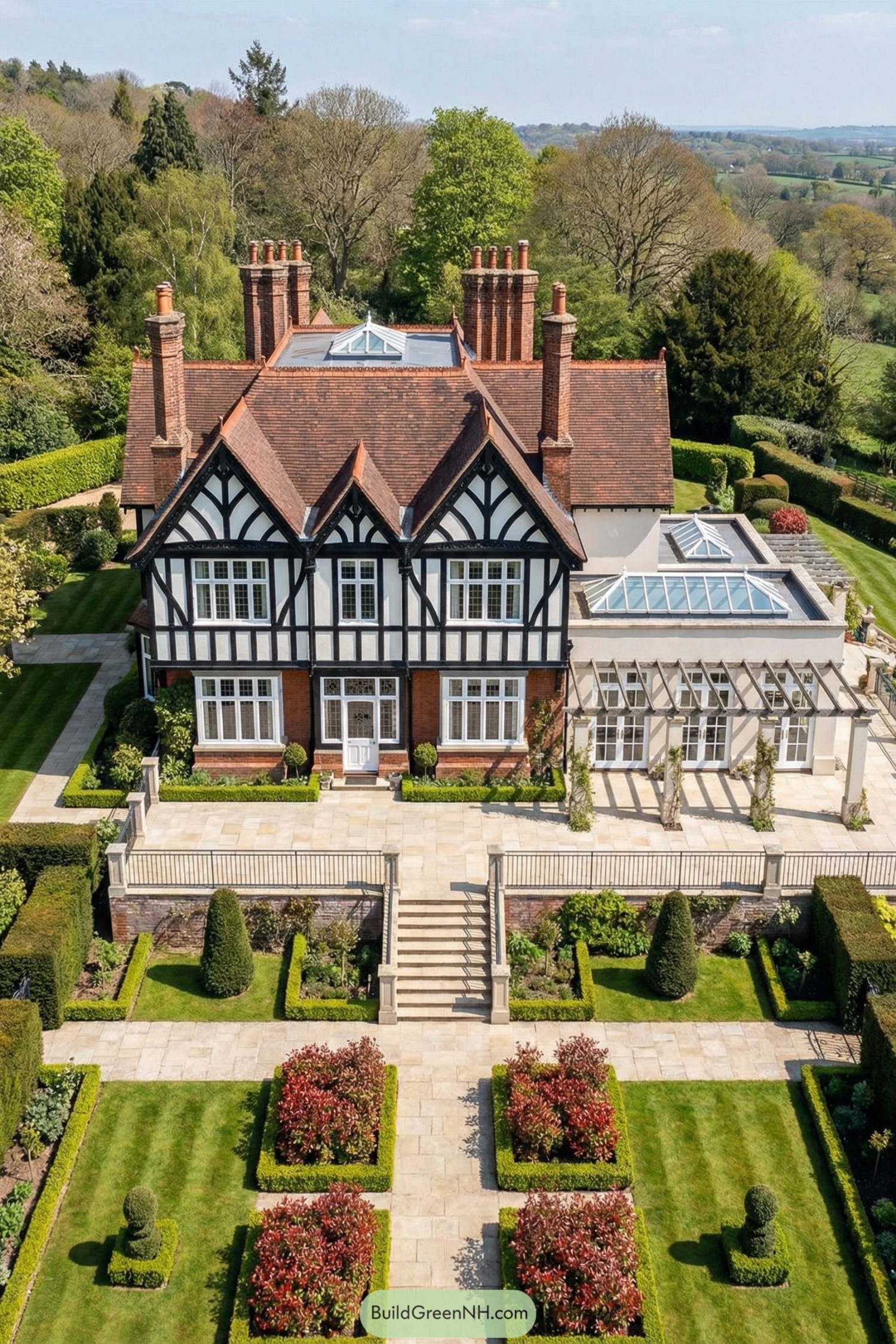 Aerial view of a grand Edwardian house with half-timbered facade, red roof, and formal gardens