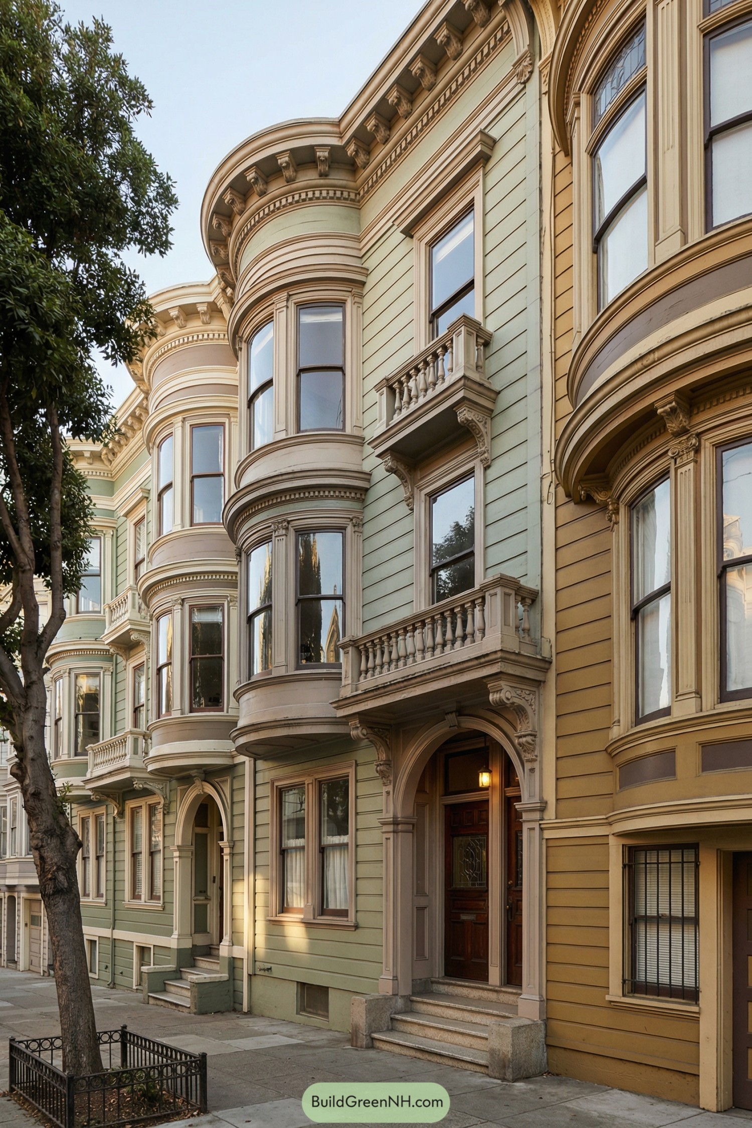 Ornate Edwardian row houses with rounded bay windows and small balconies along a quiet city sidewalk