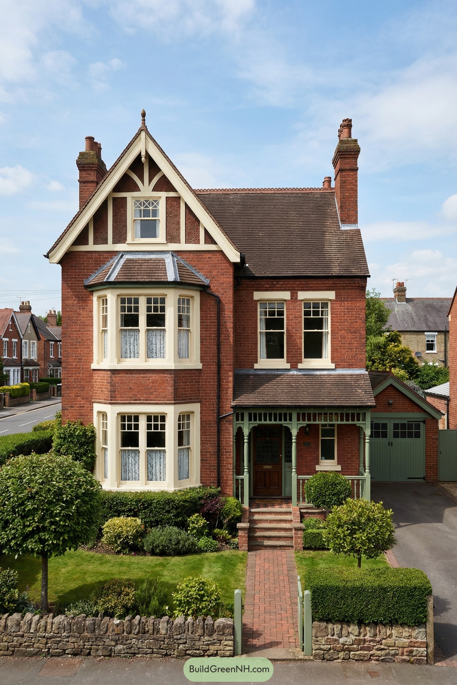 Red brick Edwardian house with prominent front gable, bay windows, and pale green trim around the porch and garage