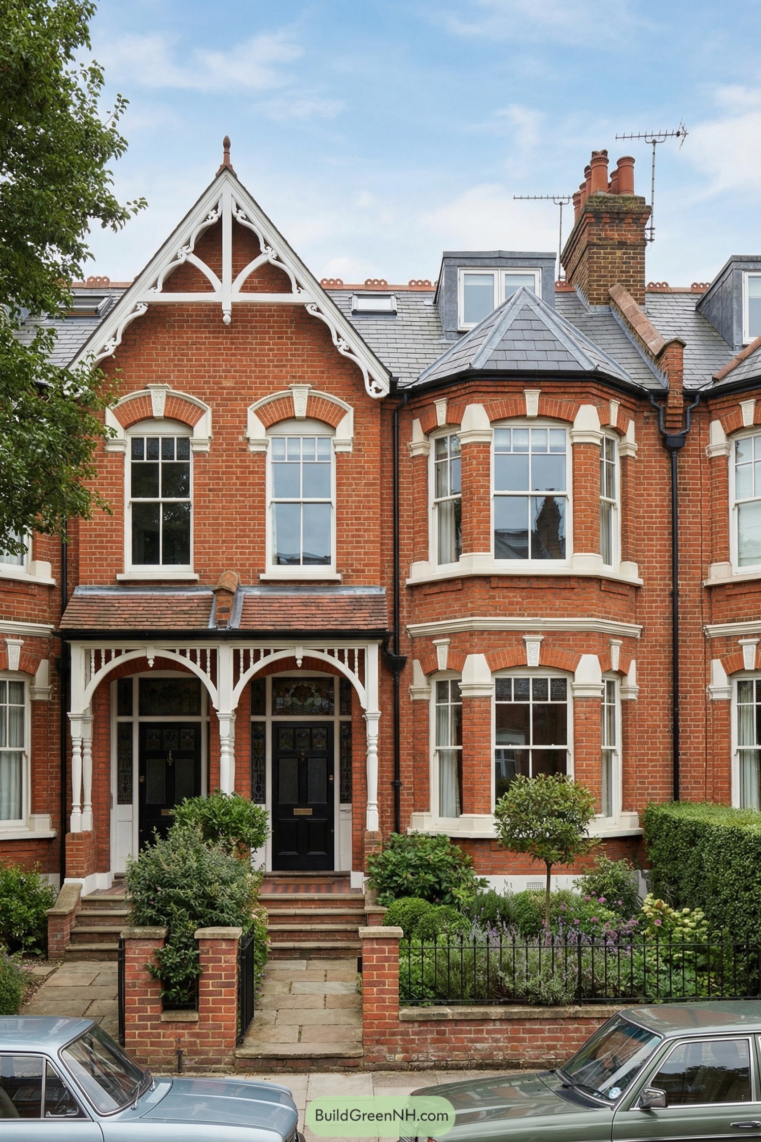 Redbrick Edwardian semi-detached house with ornate white trim, bay windows, and paired porches facing a small front garden