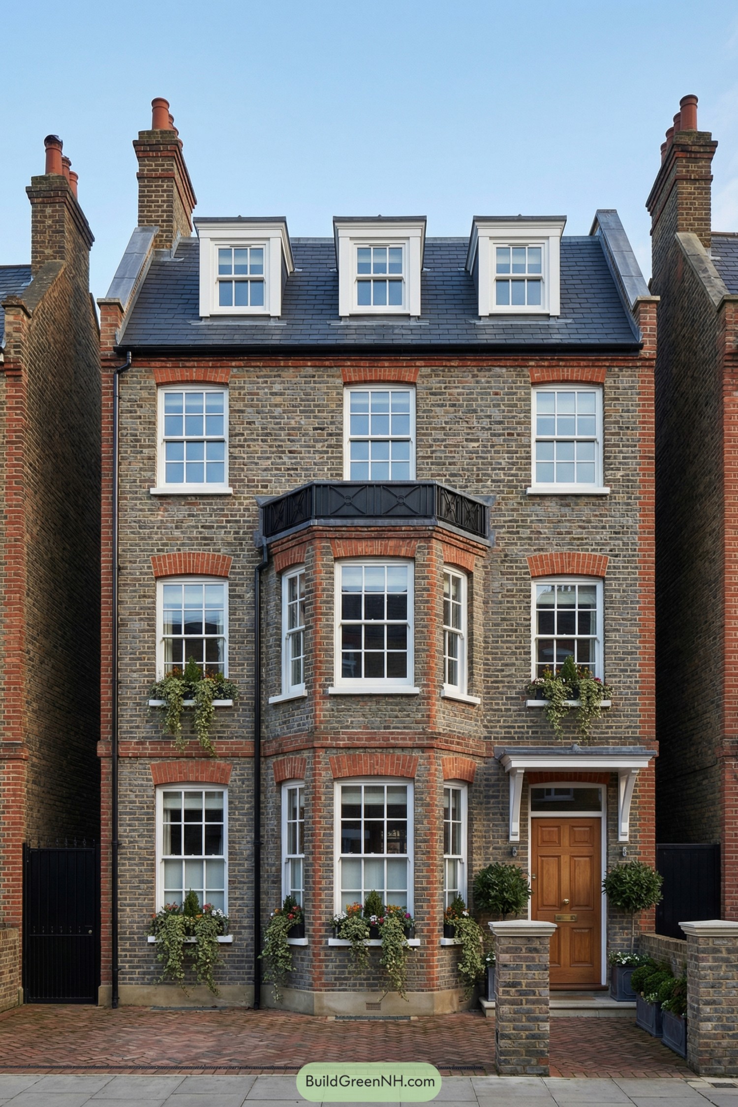 Four story Edwardian brick townhouse with bay windows, dormers, and overflowing window boxes