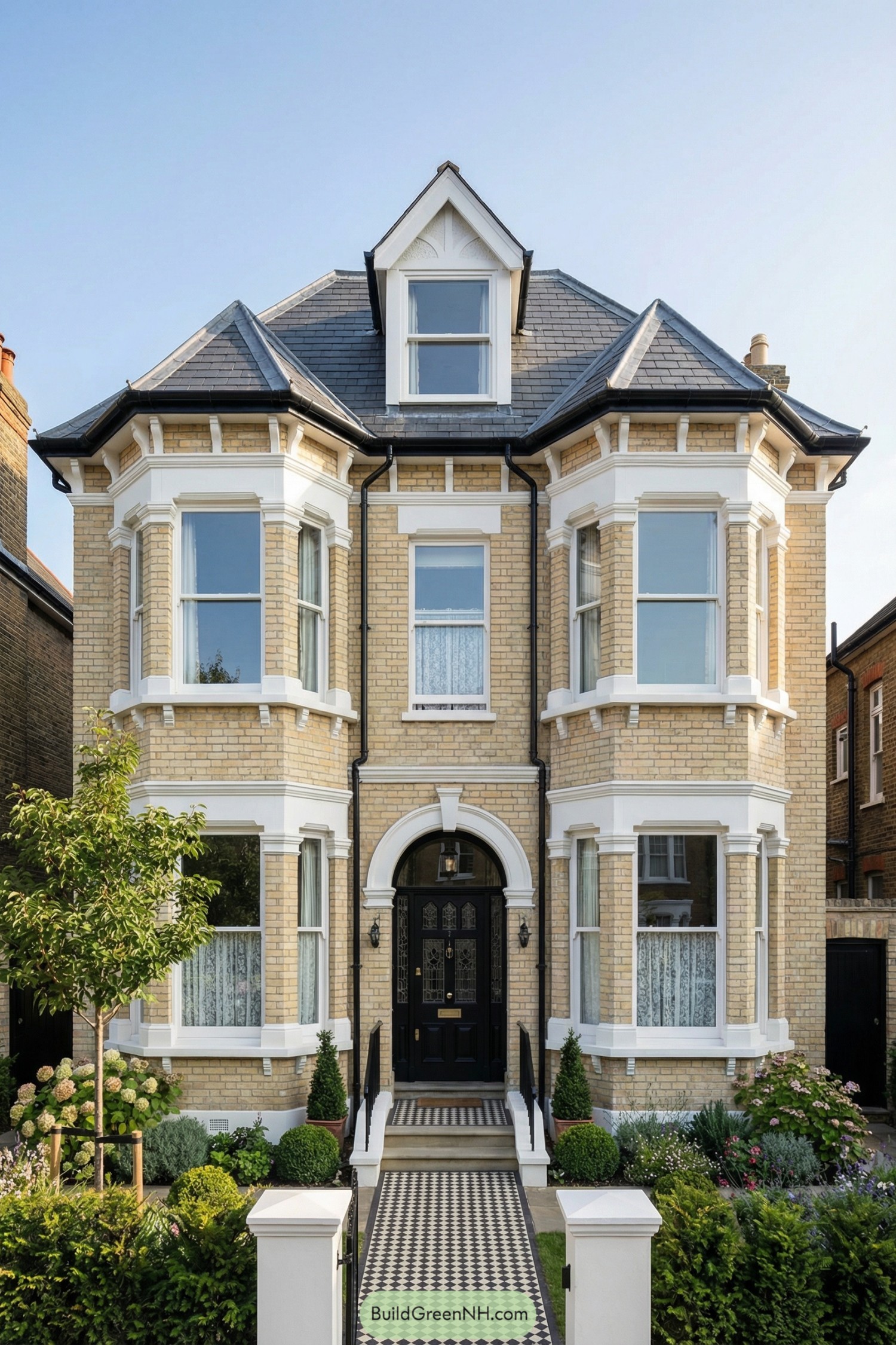 Three-story Edwardian townhouse front with bay windows and checkerboard path