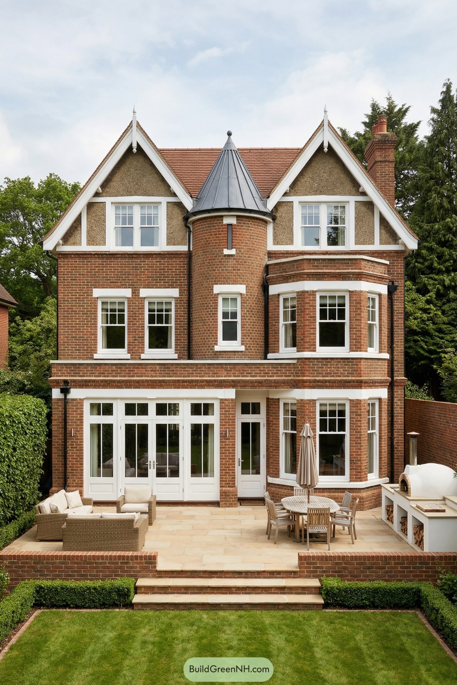 Red brick Edwardian house with central turret, large bay windows, and a neatly terraced garden patio