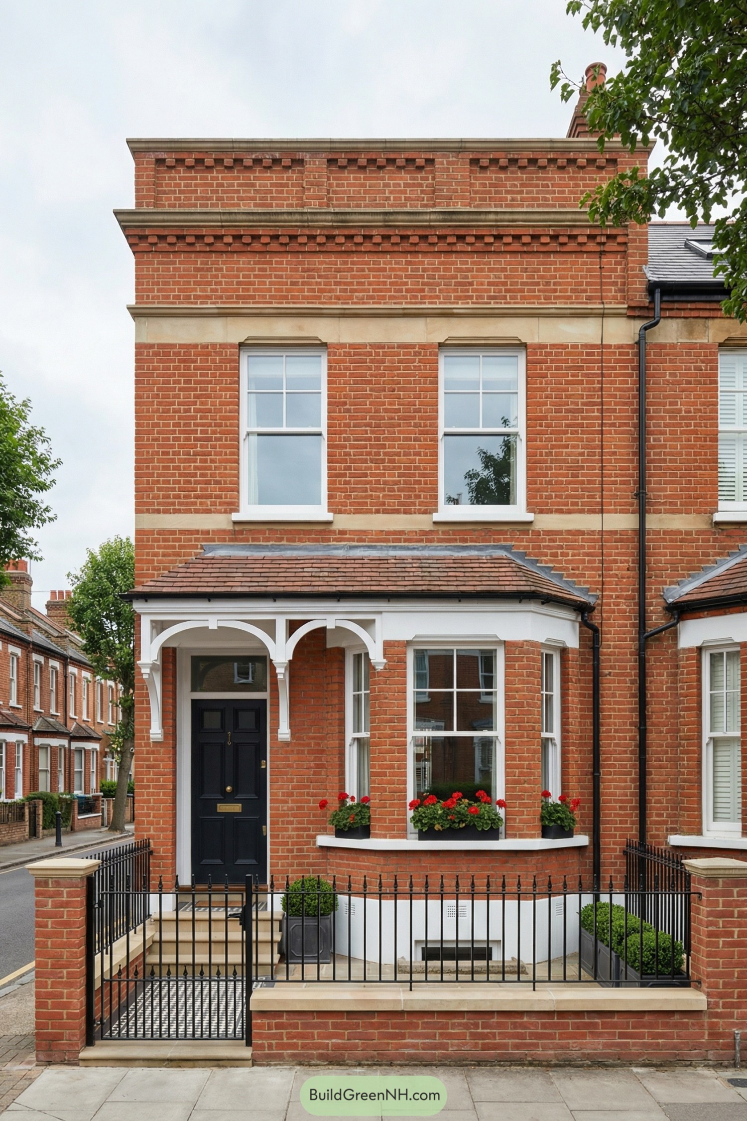 Red brick Edwardian townhouse with bay window, porch, and black front door behind a low iron fence