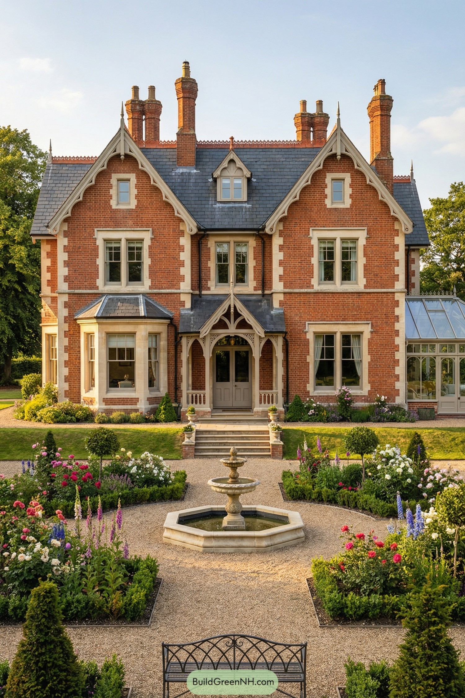 Grand red brick Edwardian house with slate roof, tall chimneys, and a fountain garden