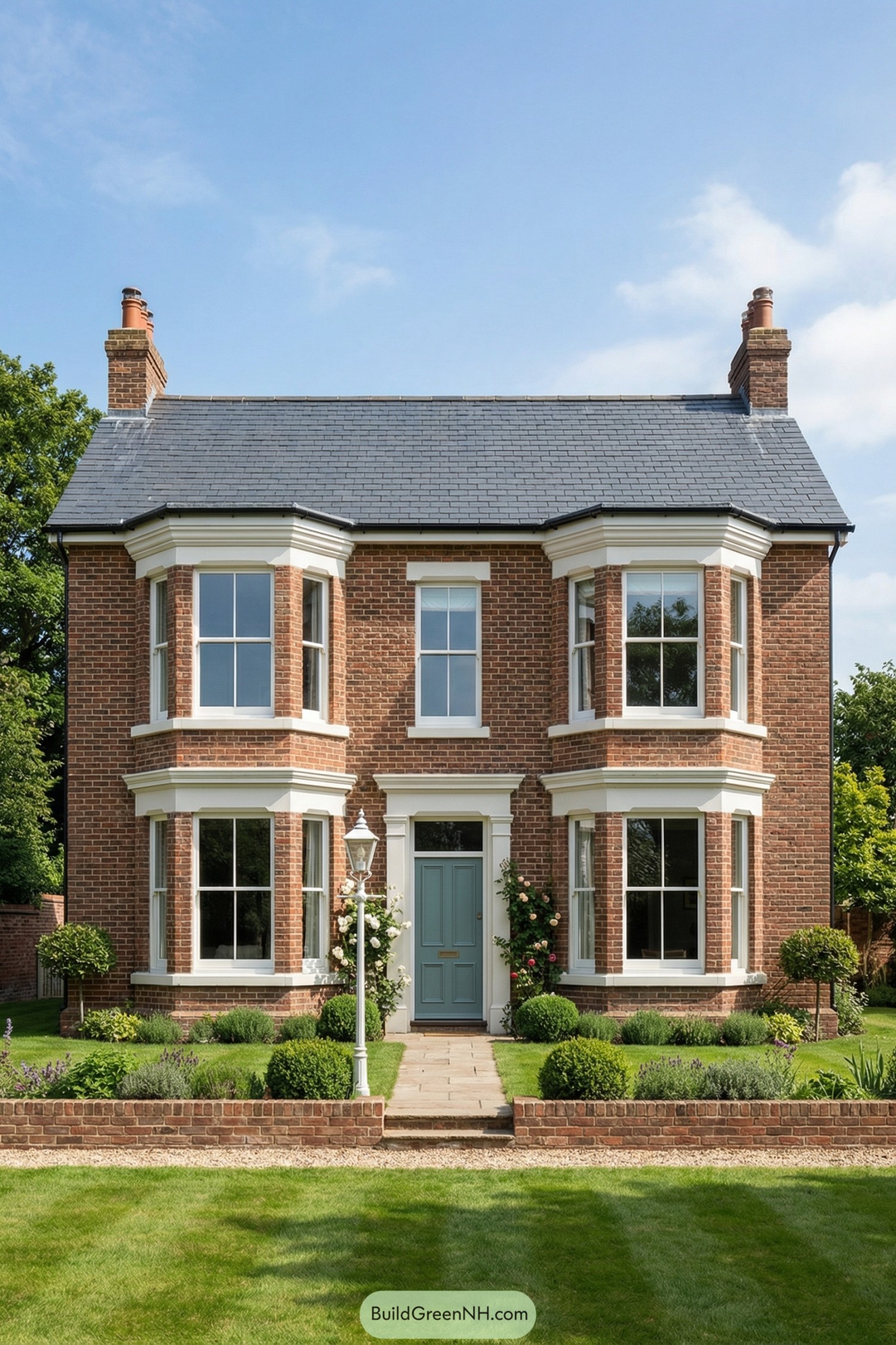 Red brick Edwardian house with twin bay windows, slate roof, and soft blue front door framed by a neat formal garden