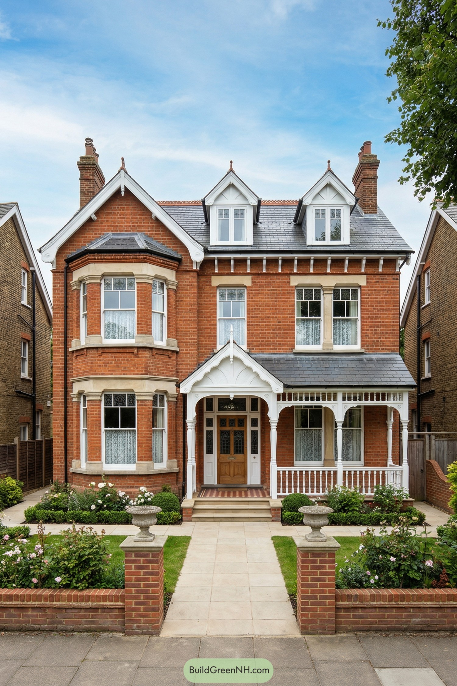 Red brick Edwardian house with steep gables, bay window, and white decorative front veranda