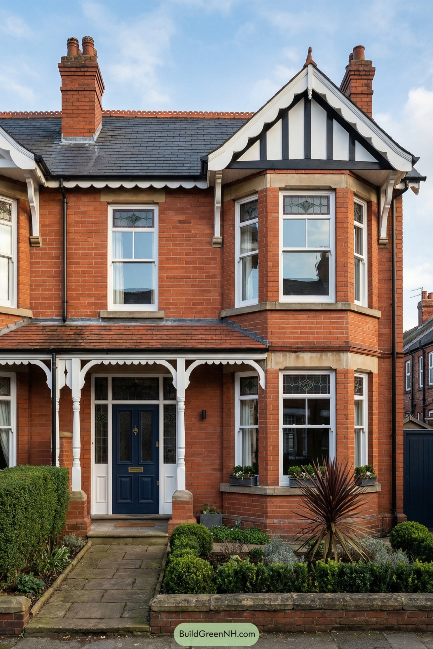 Redbrick Edwardian house with bay windows and decorative gable over a neatly hedged front garden