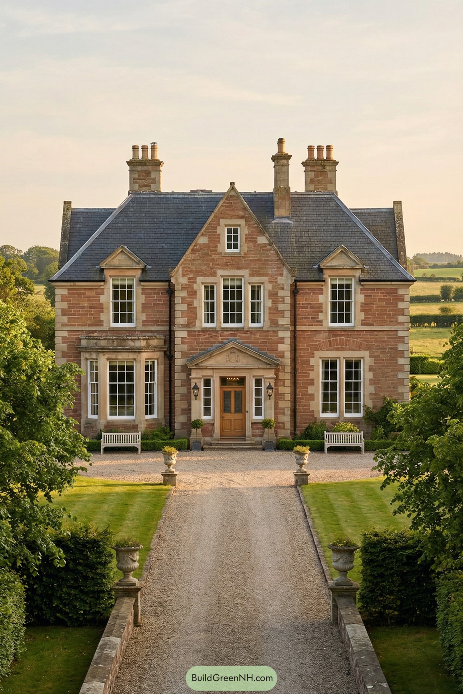Symmetrical Edwardian stone manor with gravel drive