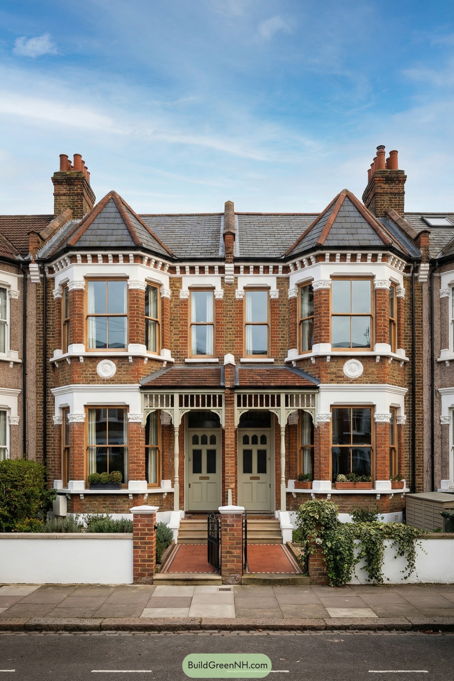 Symmetrical red brick Edwardian semi-detached house with ornate trim and twin entry porches